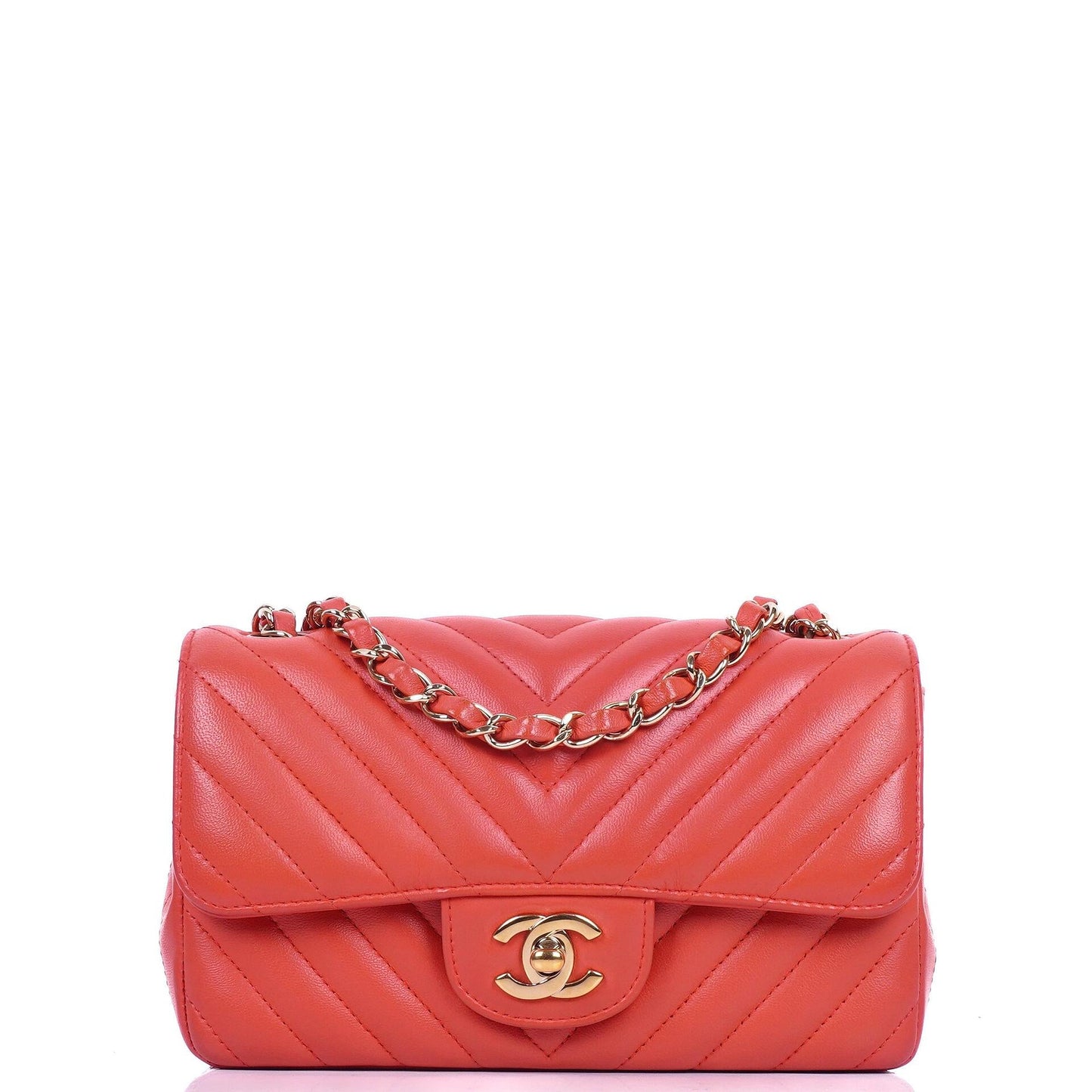 Chanel Mini Rectangular Classic Single Flap Bag Coral Chevron Quilted Lambskin With Gold-Tone Hardware
