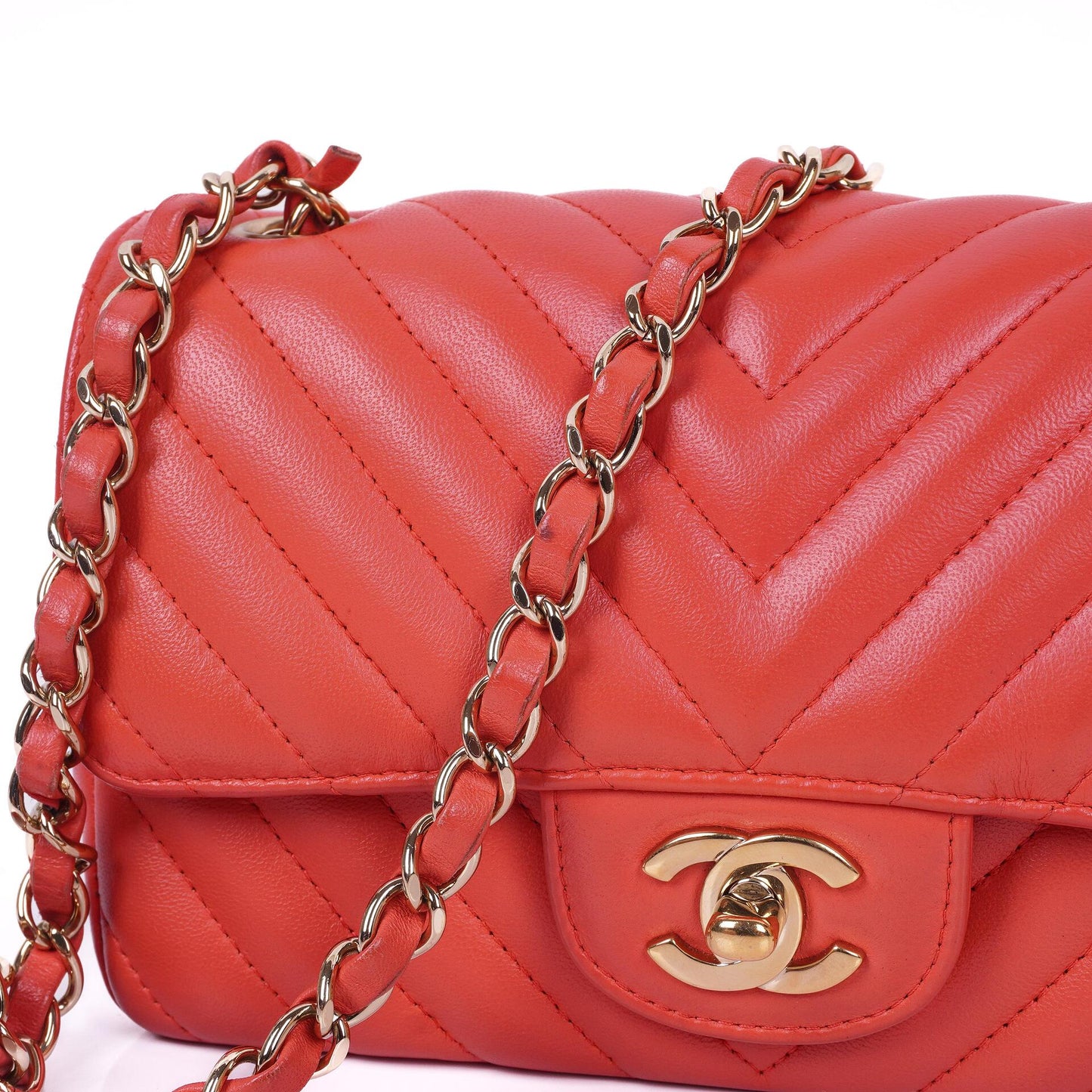 Chanel Mini Rectangular Classic Single Flap Bag Coral Chevron Quilted Lambskin With Gold-Tone Hardware