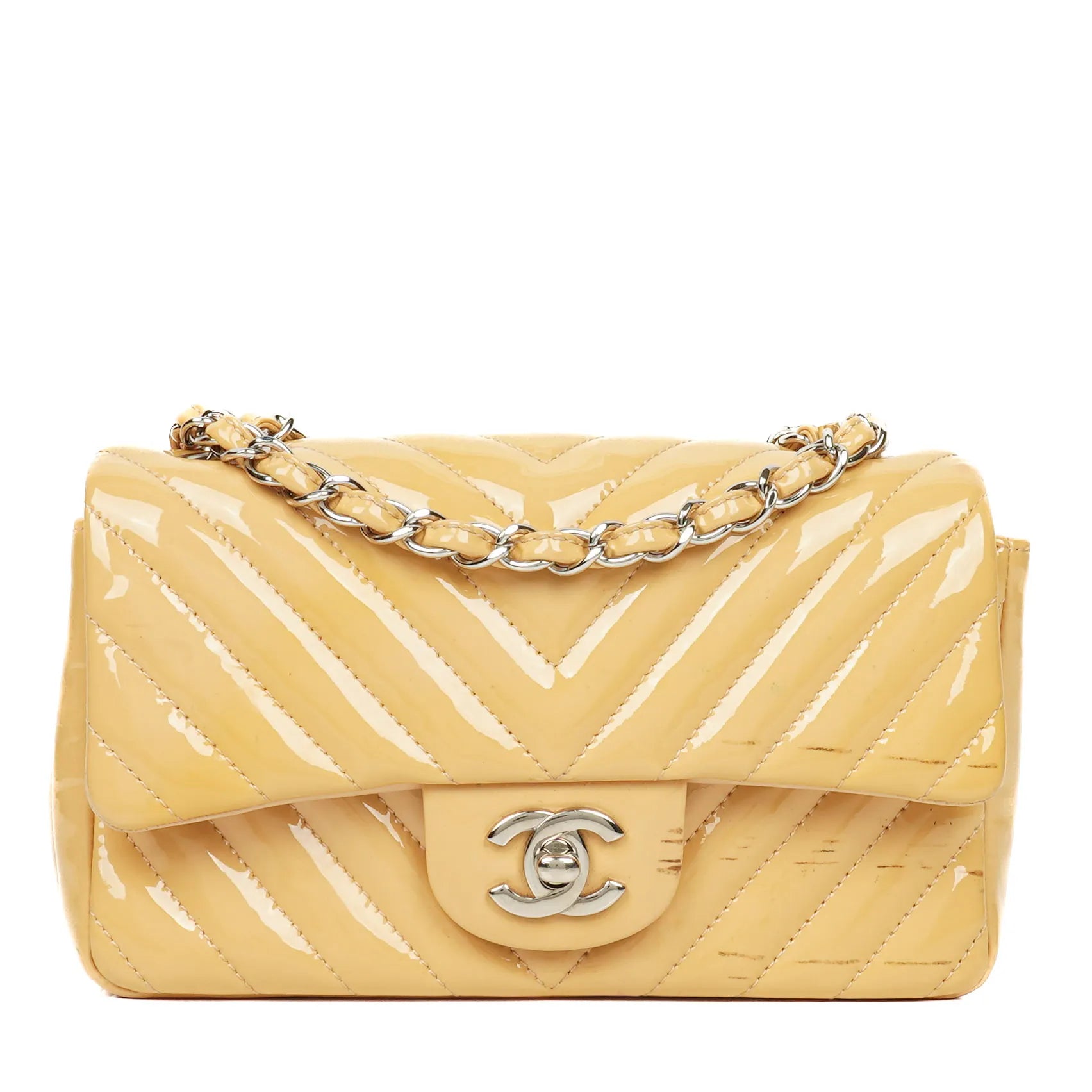 Chanel Mini Rectangular Patent Leather Chevron Single Flap Bag With Silver-Tone Hardware