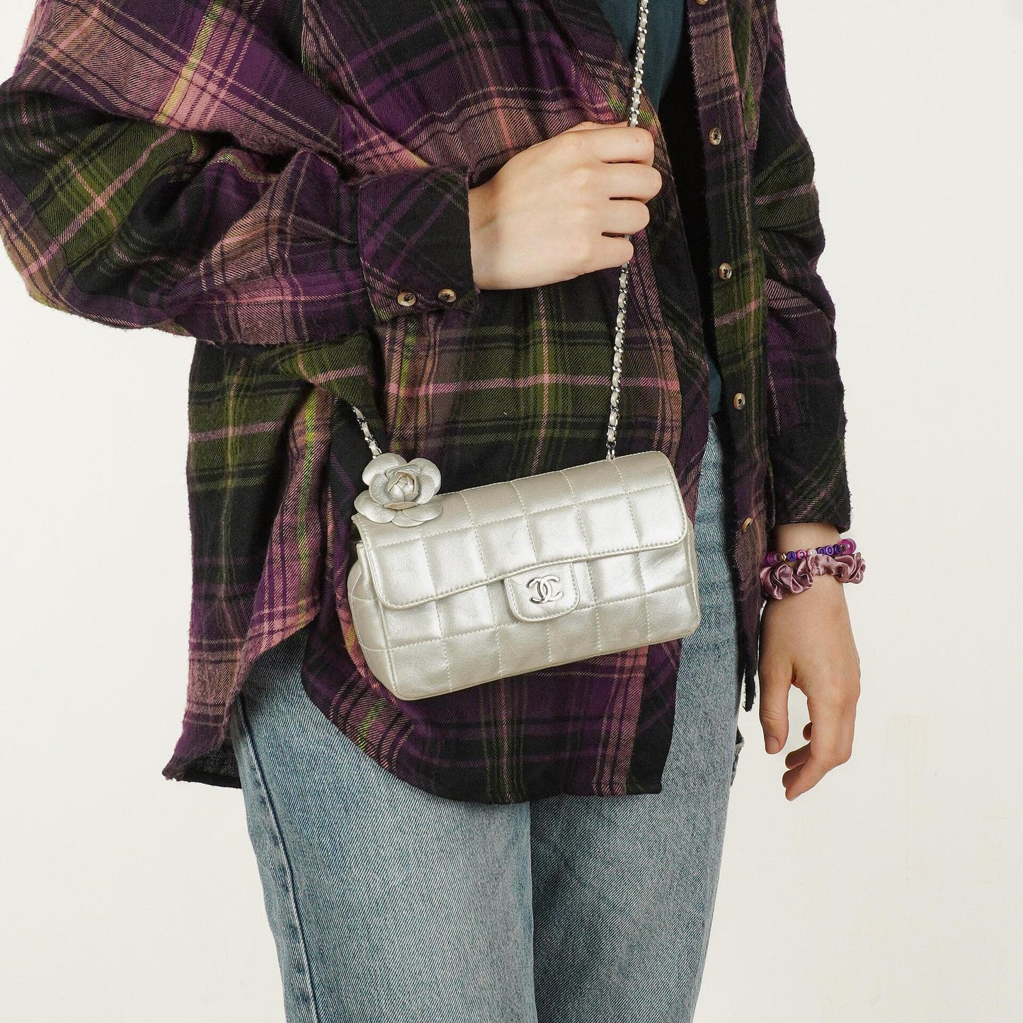 Chanel Mini Rectangular Single Flap Bag Flower Metalic Silver Quilted Lambskin SIlver Tone Hardware