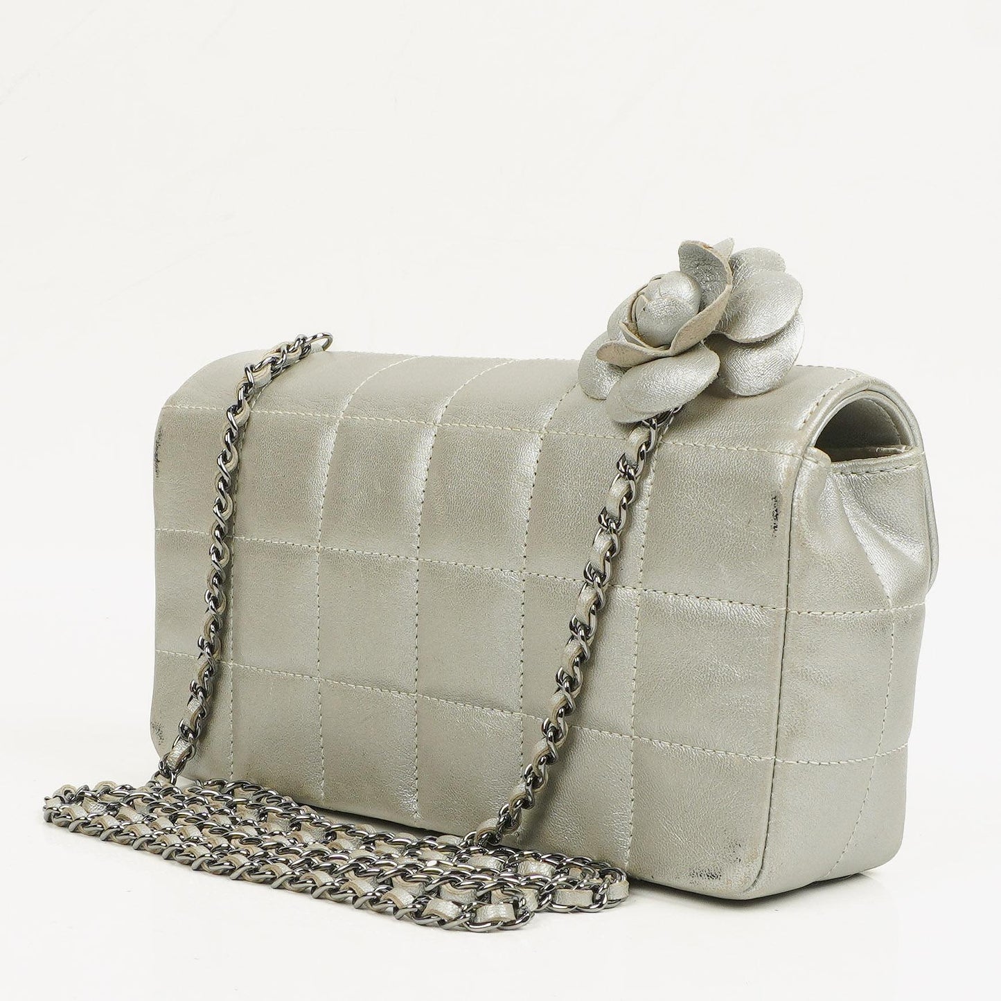 Chanel Mini Rectangular Single Flap Bag Flower Metalic Silver Quilted Lambskin SIlver Tone Hardware