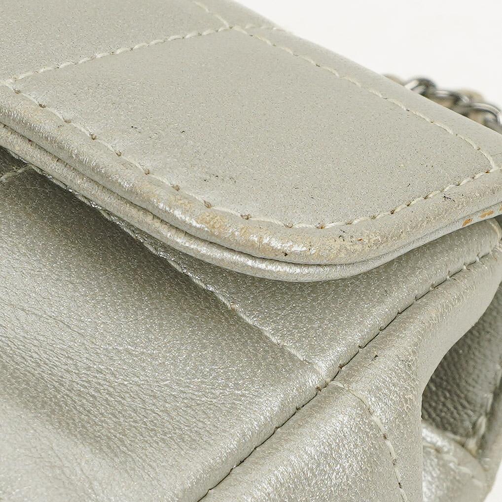 Chanel Mini Rectangular Single Flap Bag Flower Metalic Silver Quilted Lambskin SIlver Tone Hardware