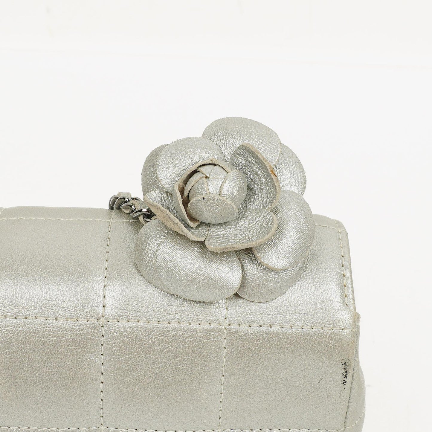 Chanel Mini Rectangular Single Flap Bag Flower Metalic Silver Quilted Lambskin SIlver Tone Hardware