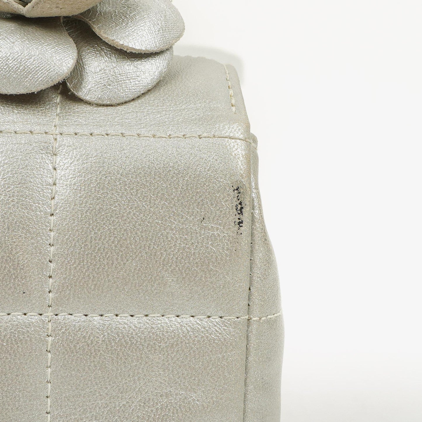 Chanel Mini Rectangular Single Flap Bag Flower Metalic Silver Quilted Lambskin SIlver Tone Hardware