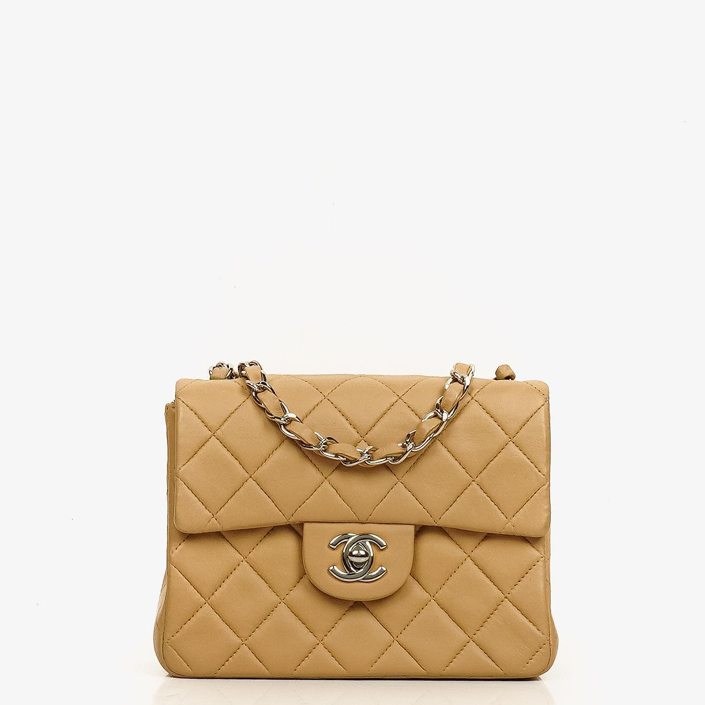 Chanel Mini Square Classic Flap Bag Beige Quilted Lambskin With Silver-Tone Hardware