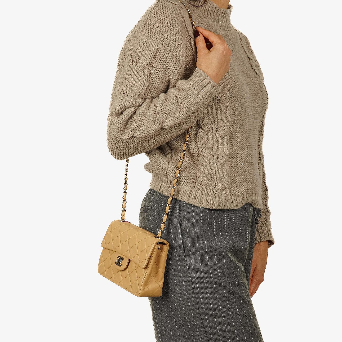 Chanel Mini Square Classic Flap Bag Beige Quilted Lambskin With Silver-Tone Hardware