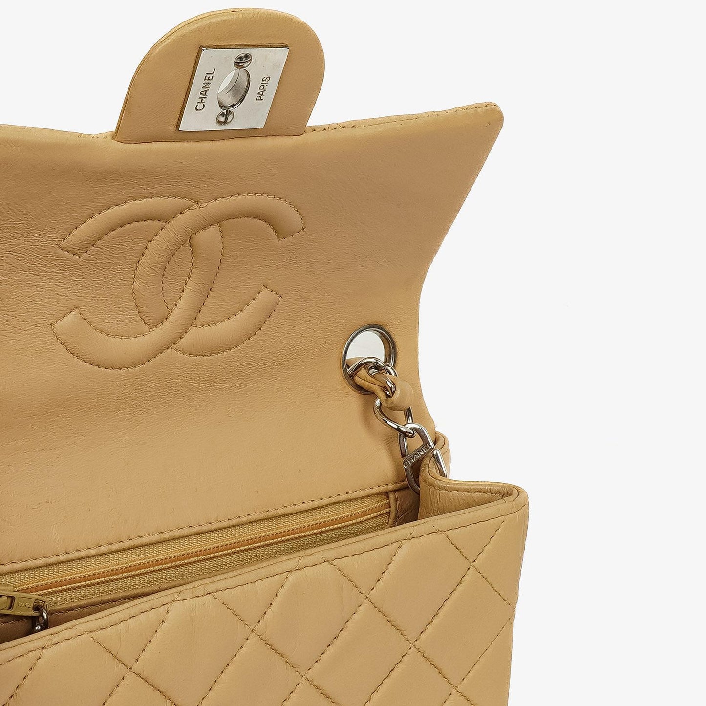 Chanel Mini Square Classic Flap Bag Beige Quilted Lambskin With Silver-Tone Hardware