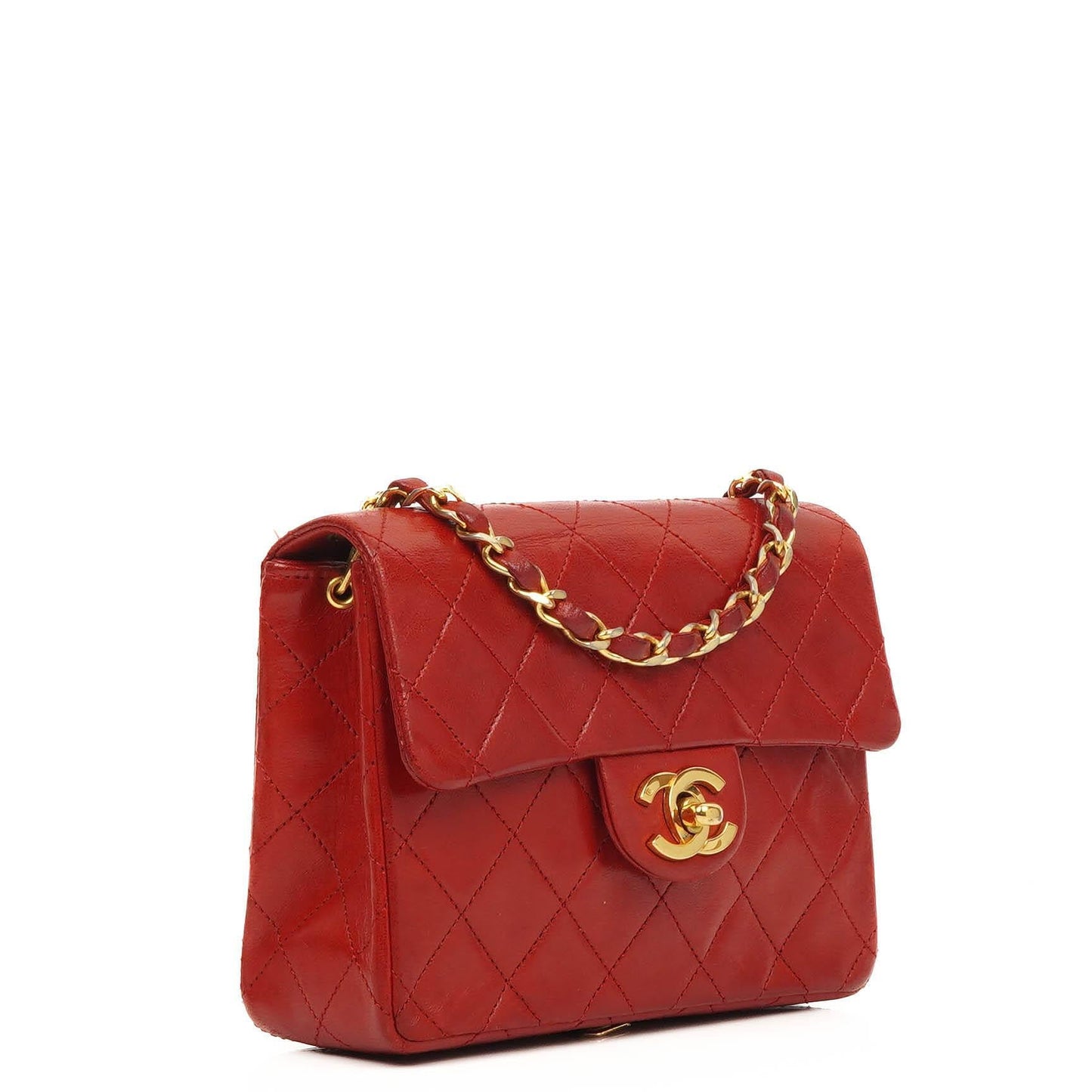 Chanel Mini Square Classic Flap Bag Red Quilted Lambskin 24K Gold-Plated Hardware
