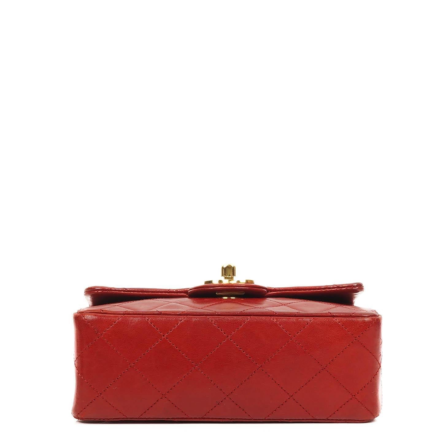 Chanel Mini Square Classic Flap Bag Red Quilted Lambskin 24K Gold-Plated Hardware