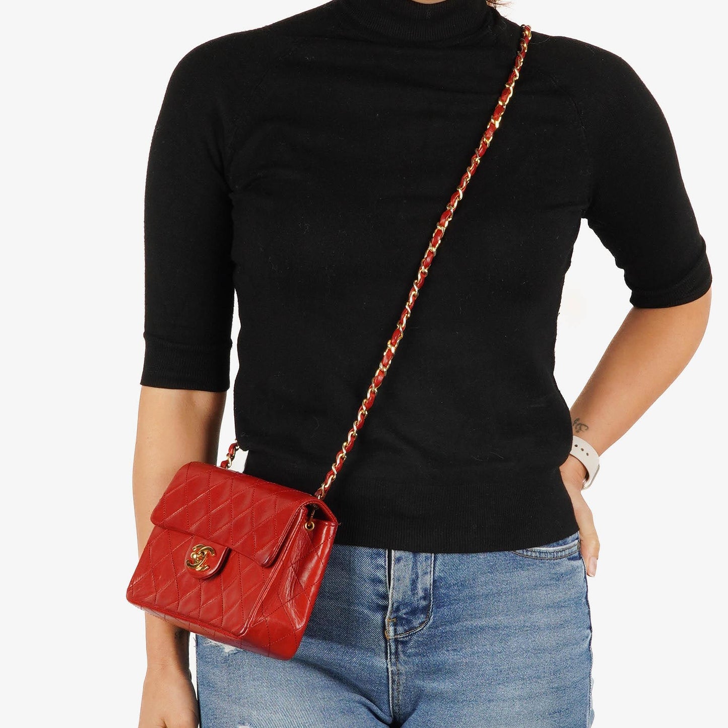 Chanel Mini Square Classic Flap Bag Red Quilted Lambskin 24K Gold-Plated Hardware