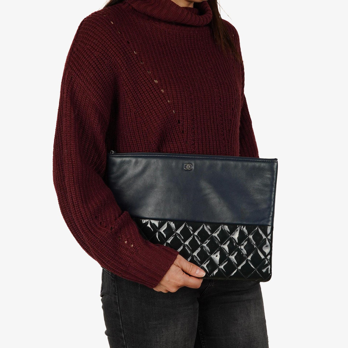Chanel Navy Lambskin And Olive Green Quilted Patent Leather Large Cosmetic Case, 2014