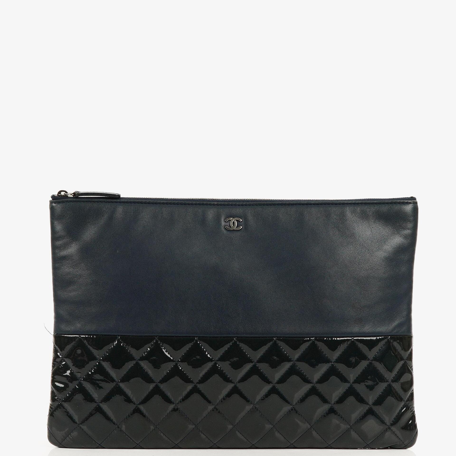Chanel Navy Lambskin And Olive Green Quilted Patent Leather Large Cosmetic Case, 2014