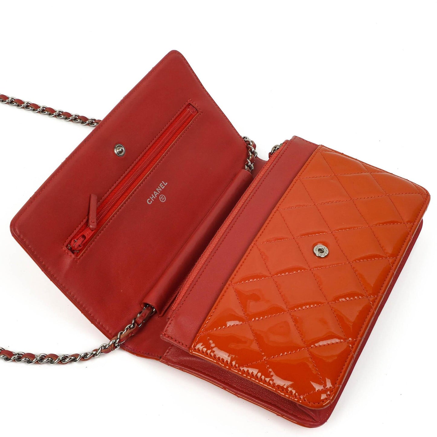 Chanel Wallet On Chain WOC Orange Quilted Patent Leather With Pink CC Logo And Silver Hardware