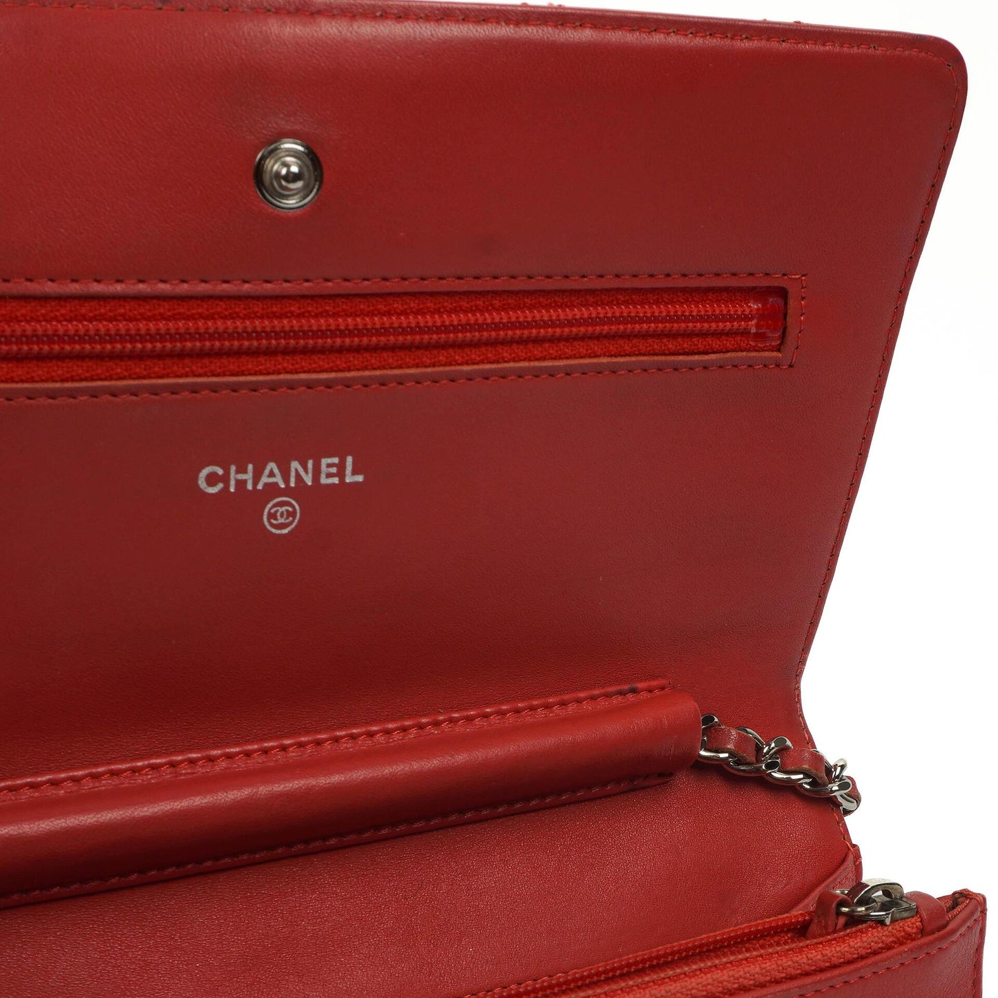 Chanel Wallet On Chain WOC Orange Quilted Patent Leather With Pink CC Logo And Silver Hardware