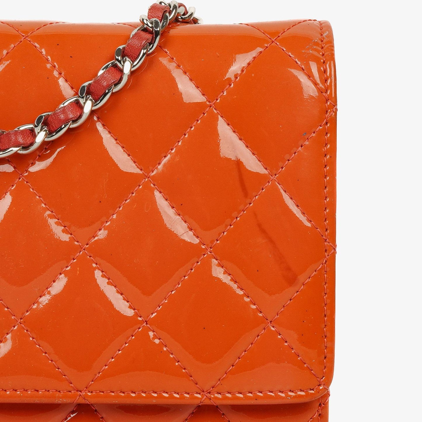 Chanel Orange Quilted Patent Leather Wallet On Chain WOC