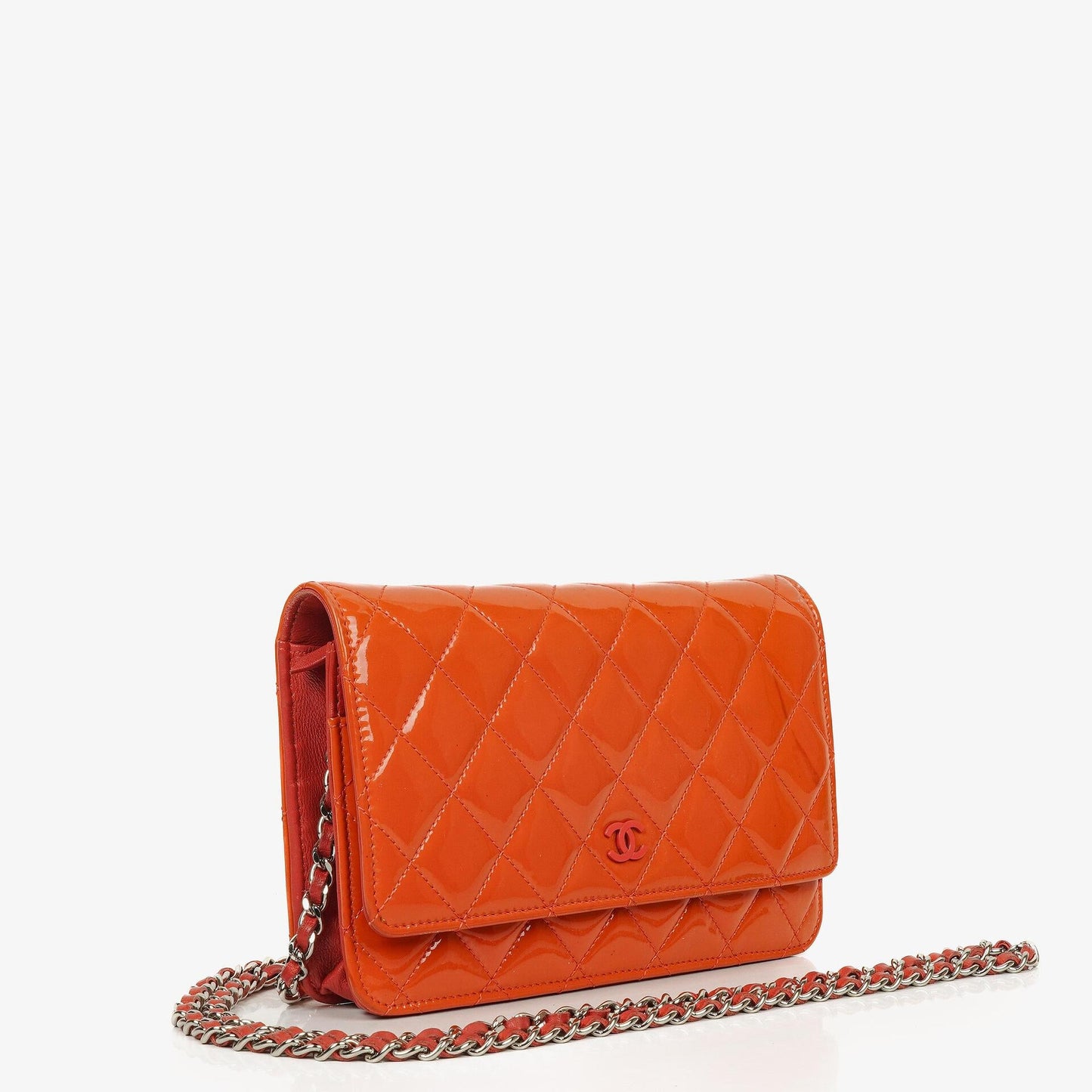 Chanel Orange Quilted Patent Leather Wallet On Chain WOC