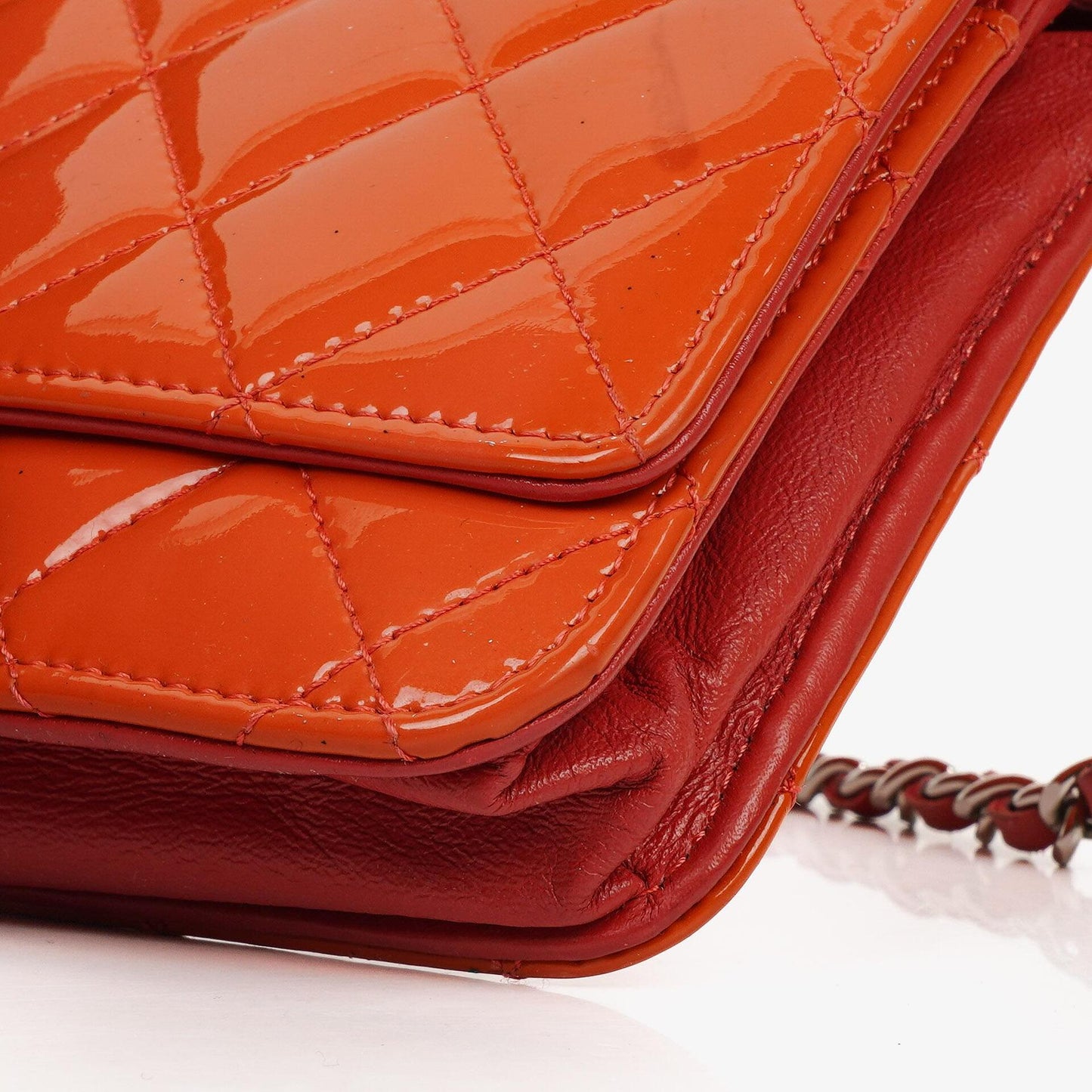 Chanel Orange Quilted Patent Leather Wallet On Chain WOC