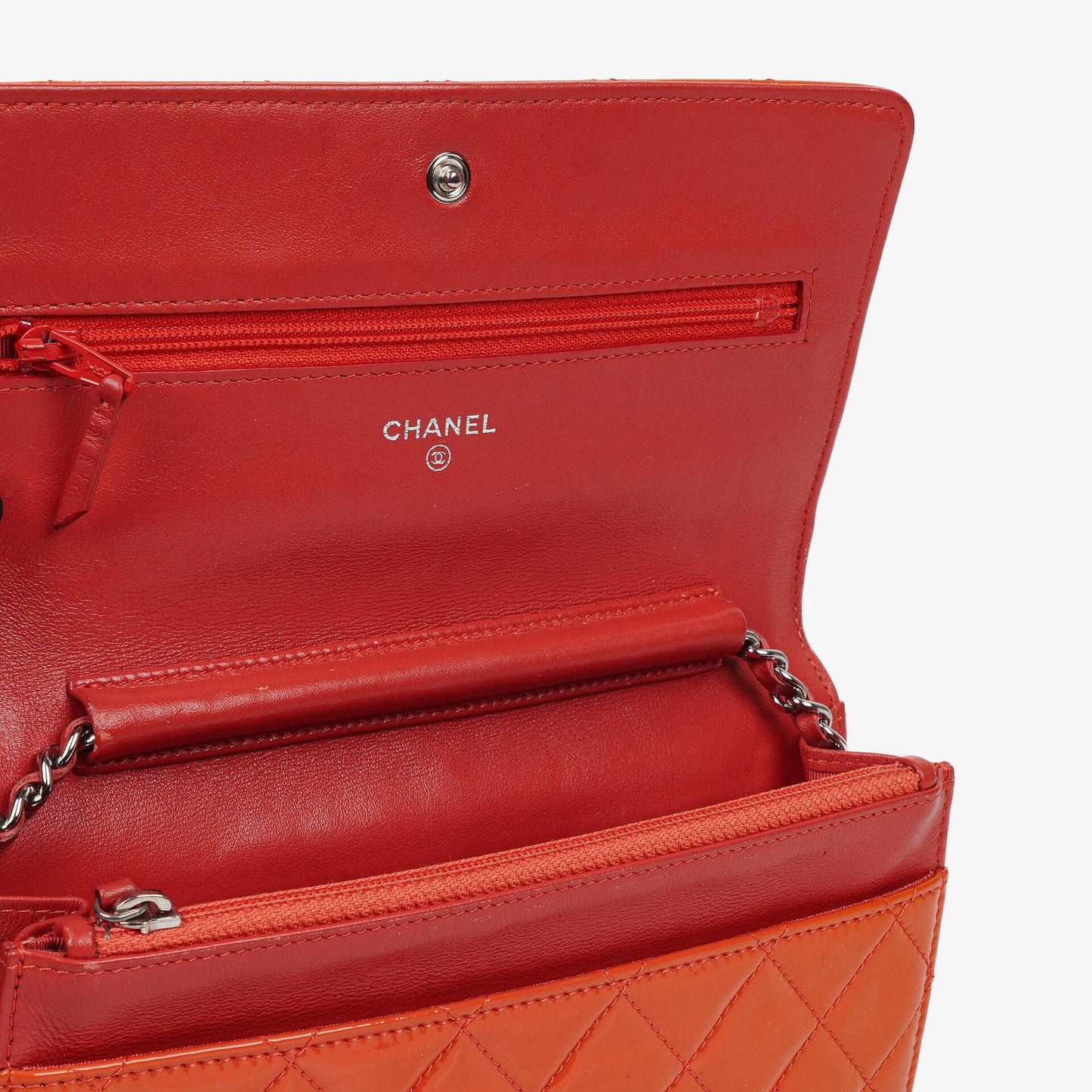 Chanel Orange Quilted Patent Leather Wallet On Chain WOC