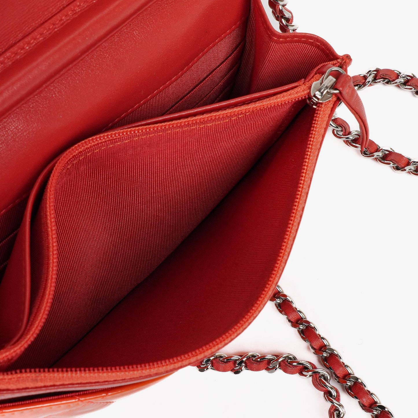 Chanel Orange Quilted Patent Leather Wallet On Chain WOC