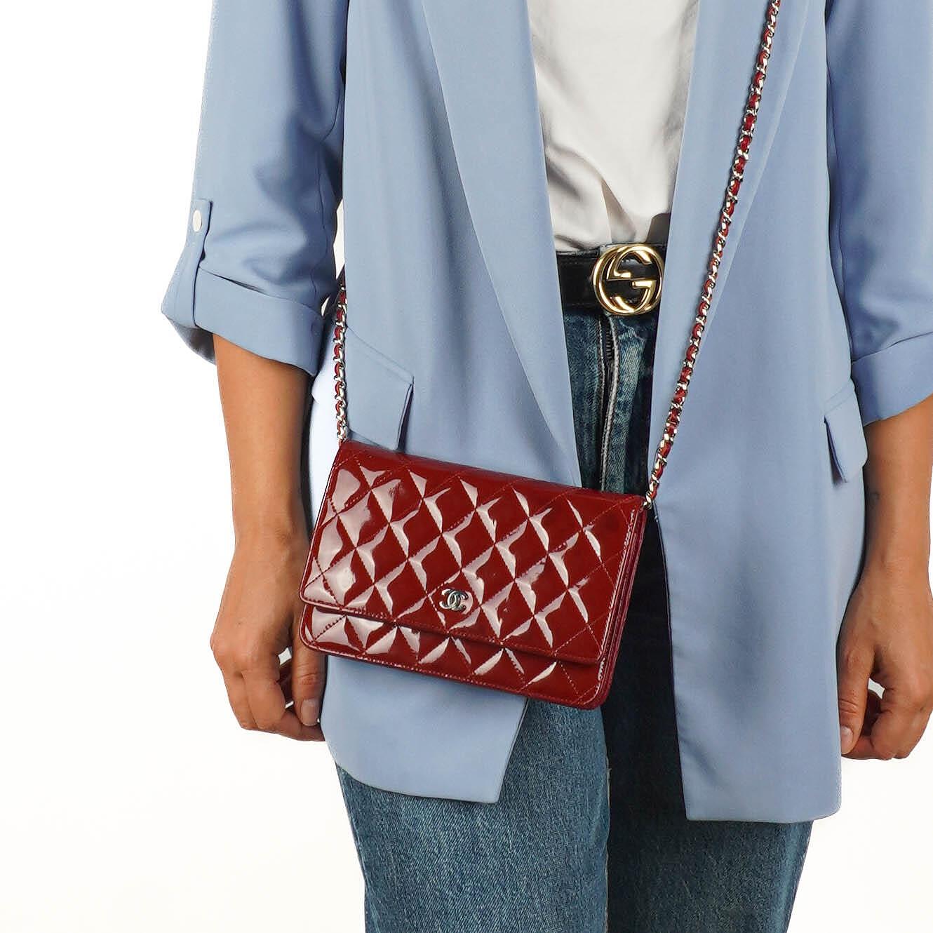 Chanel Patent Quilted Wallet On Chain WOC Red