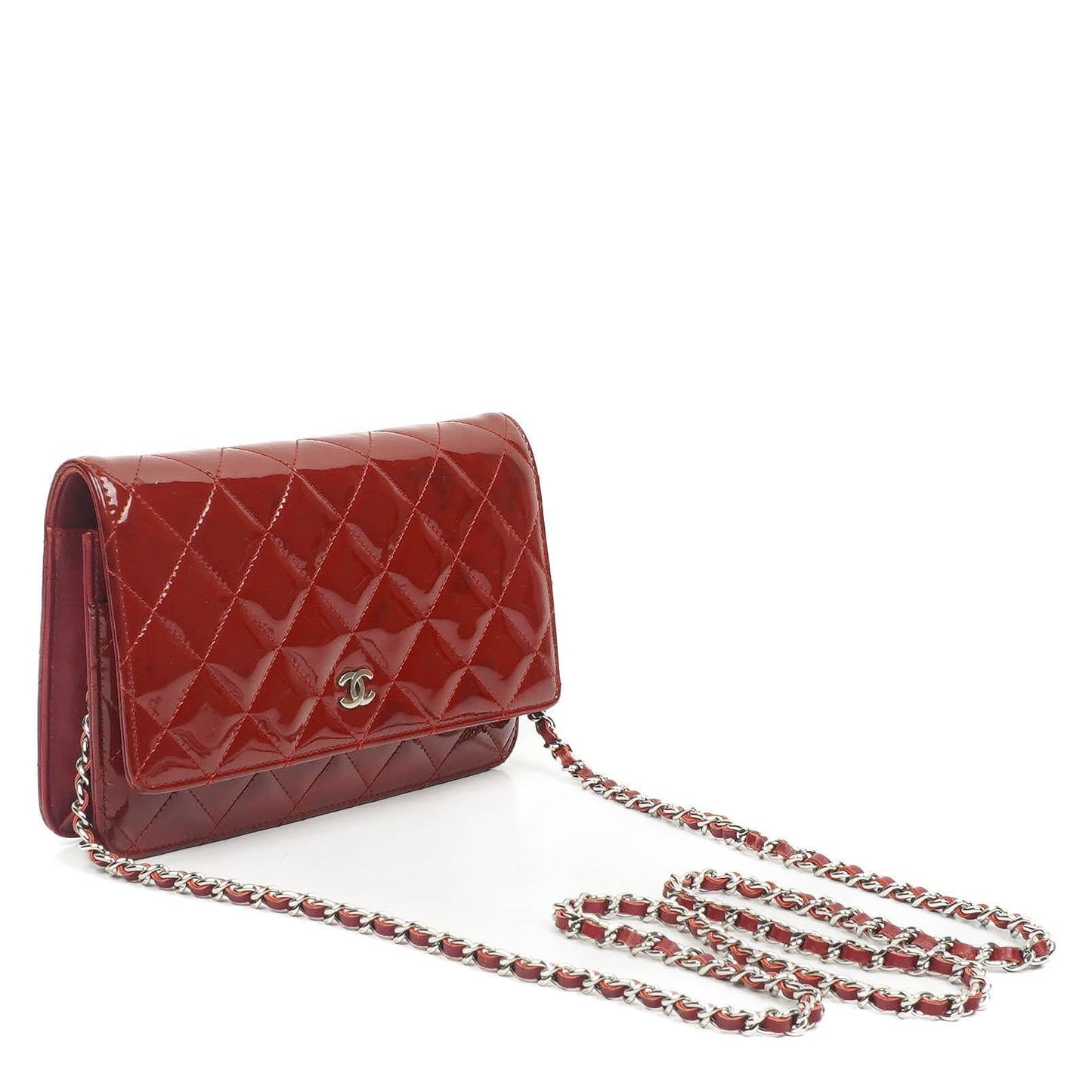 Chanel Patent Quilted Wallet On Chain WOC Red