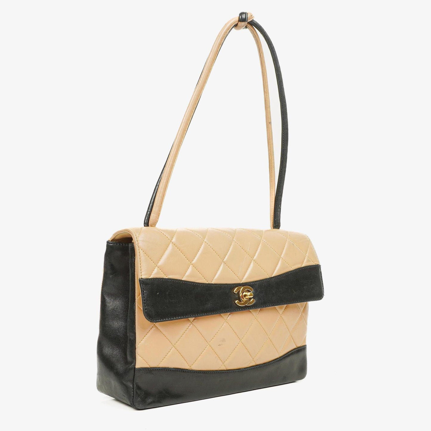 Chanel Quilted Lambskin Beige Black Single Flap