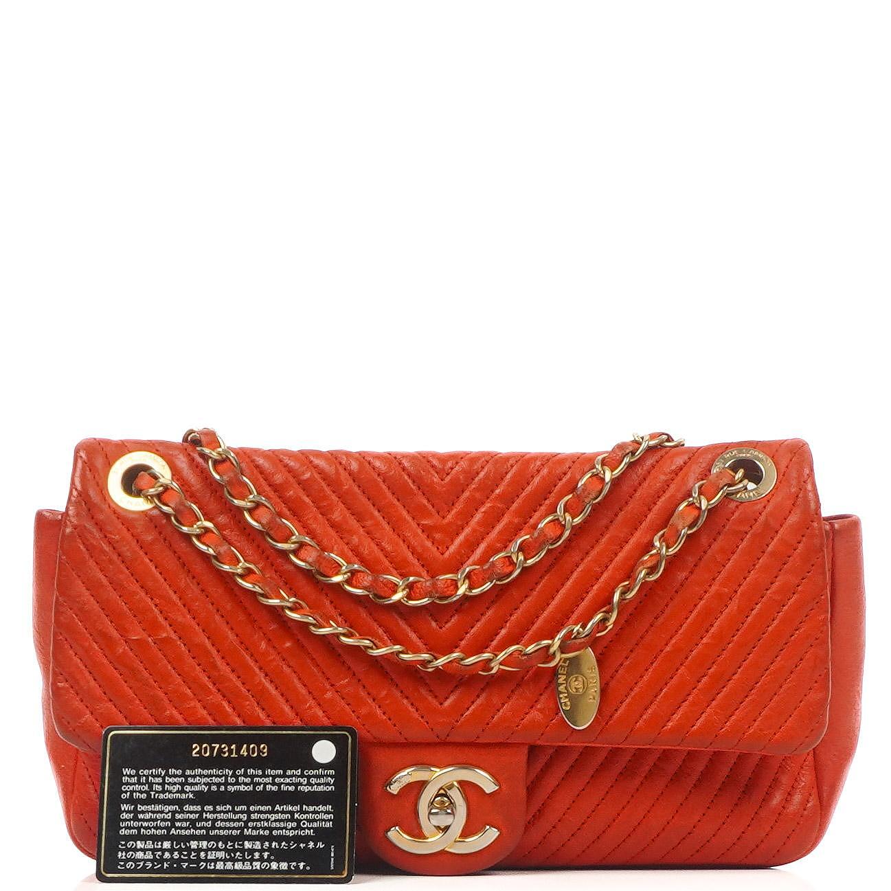 Chanel Red Chevron Quilted Distressed Calfskin Medium Classic Single Medallion Flap Gold Hardware