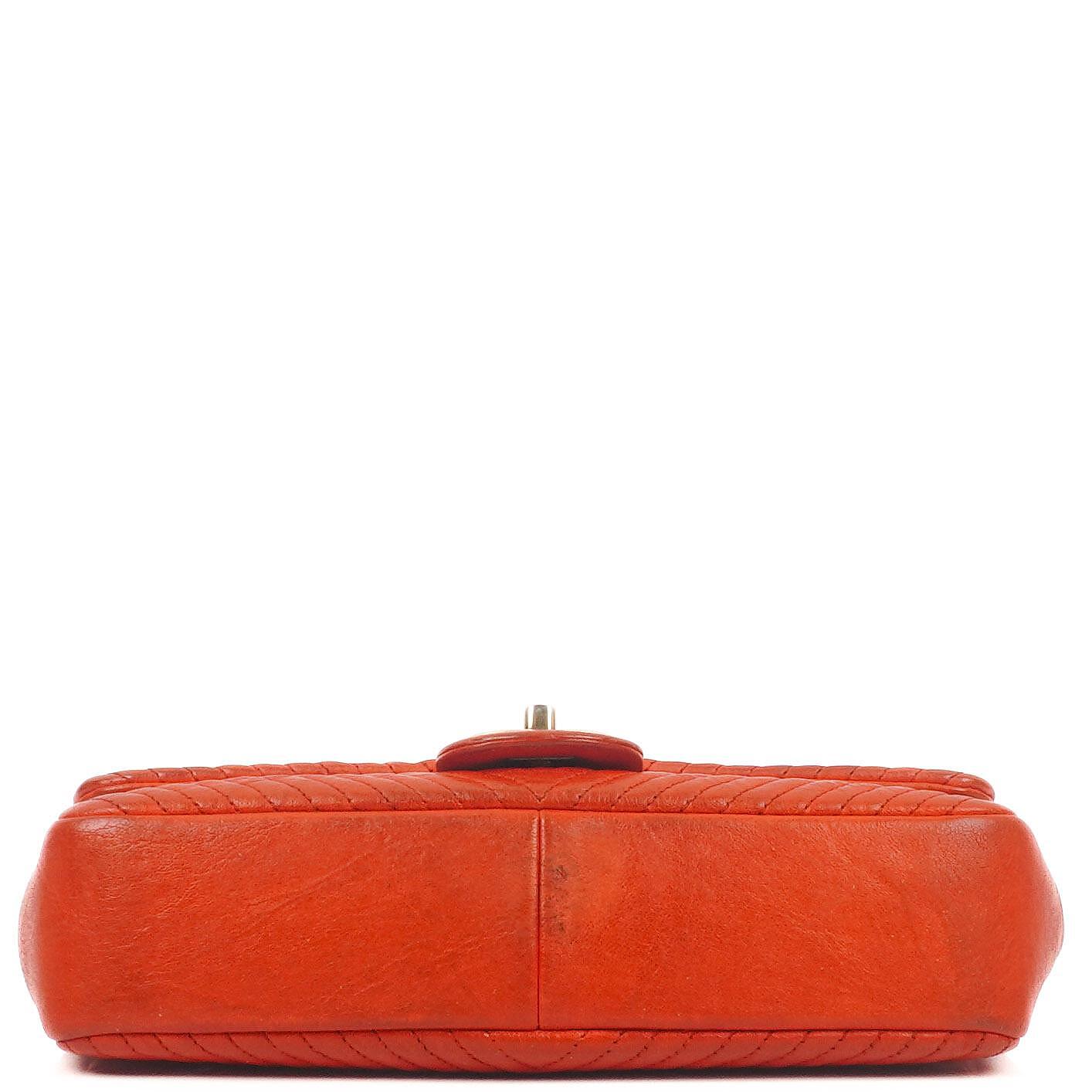 Chanel Red Chevron Quilted Distressed Calfskin Medium Classic Single Medallion Flap Gold Hardware