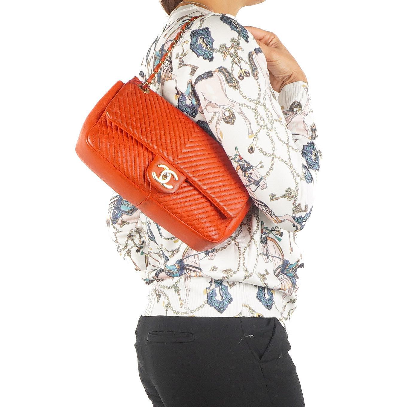 Chanel Red Chevron Quilted Distressed Calfskin Medium Classic Single Medallion Flap Gold Hardware