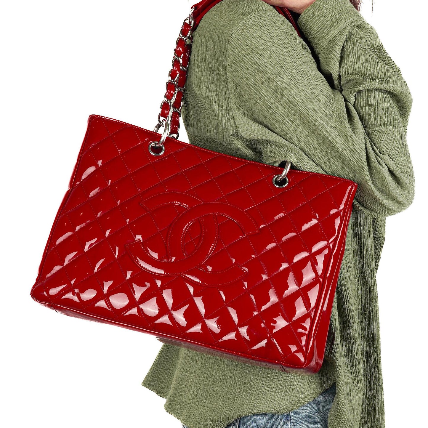 Chanel Red Quilted Patent Leather Grand Shopping Tote Bag