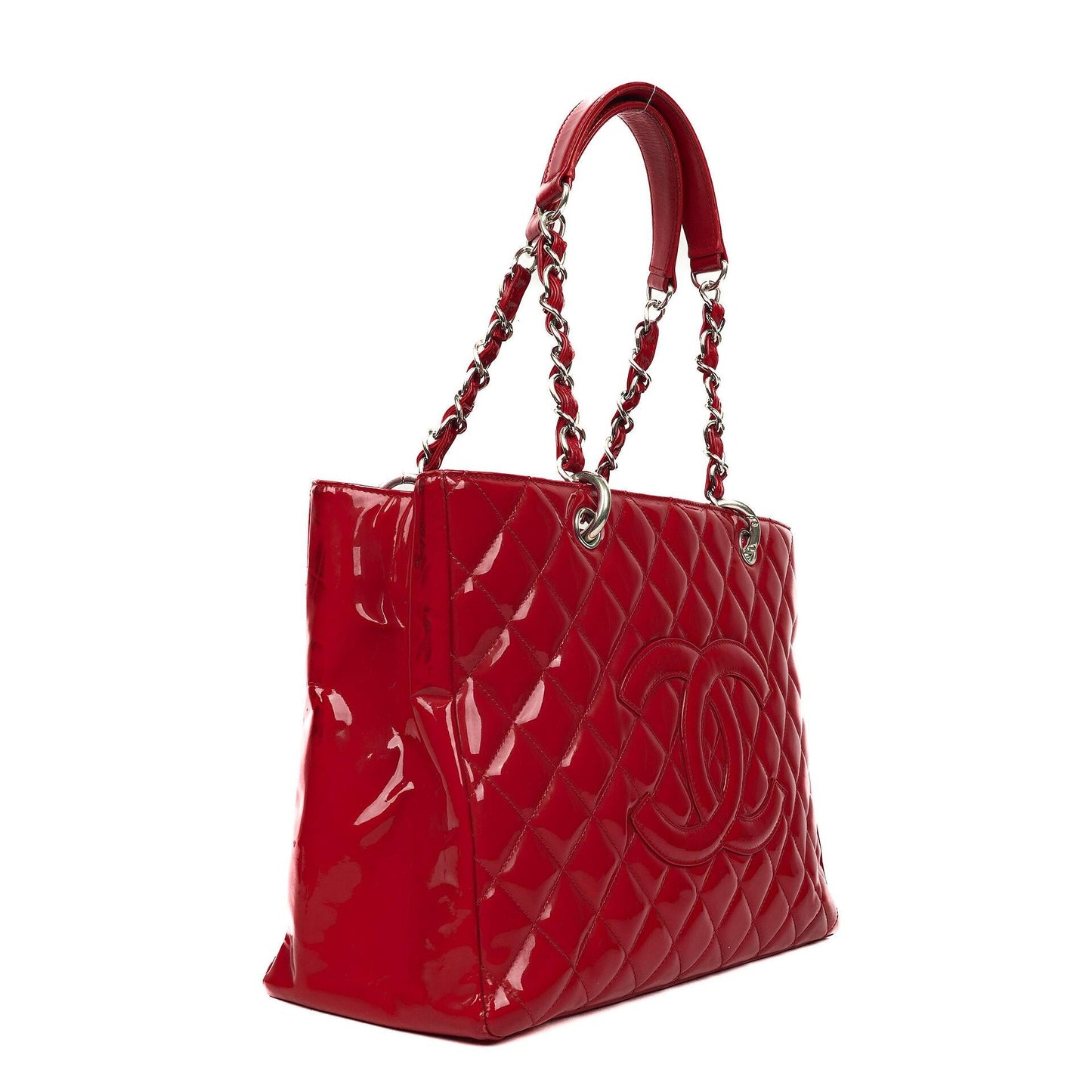 Chanel Red Quilted Patent Leather Grand Shopping Tote Bag
