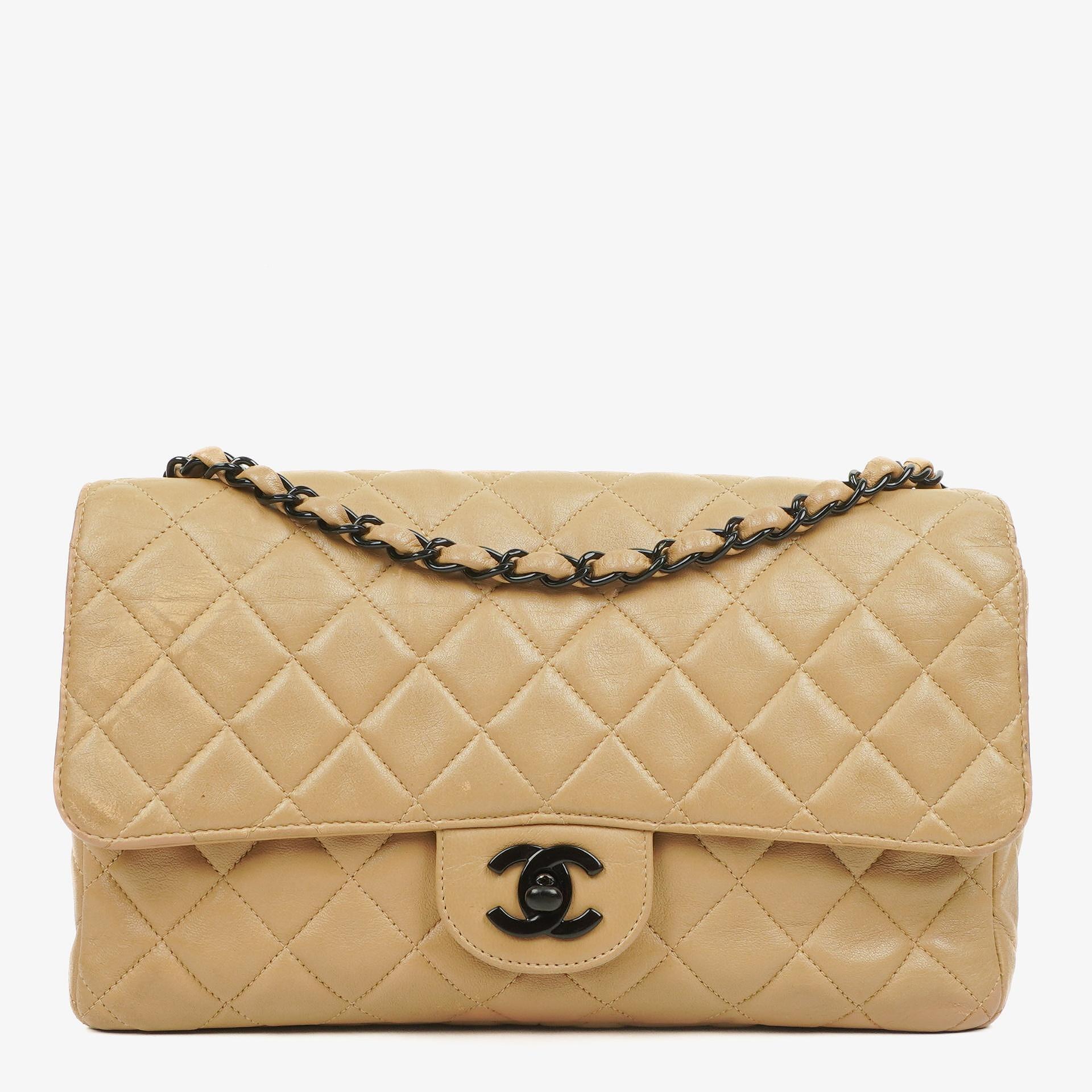 Chanel Single Flap Bag Beige Quilted Lambskin With Black Hardware