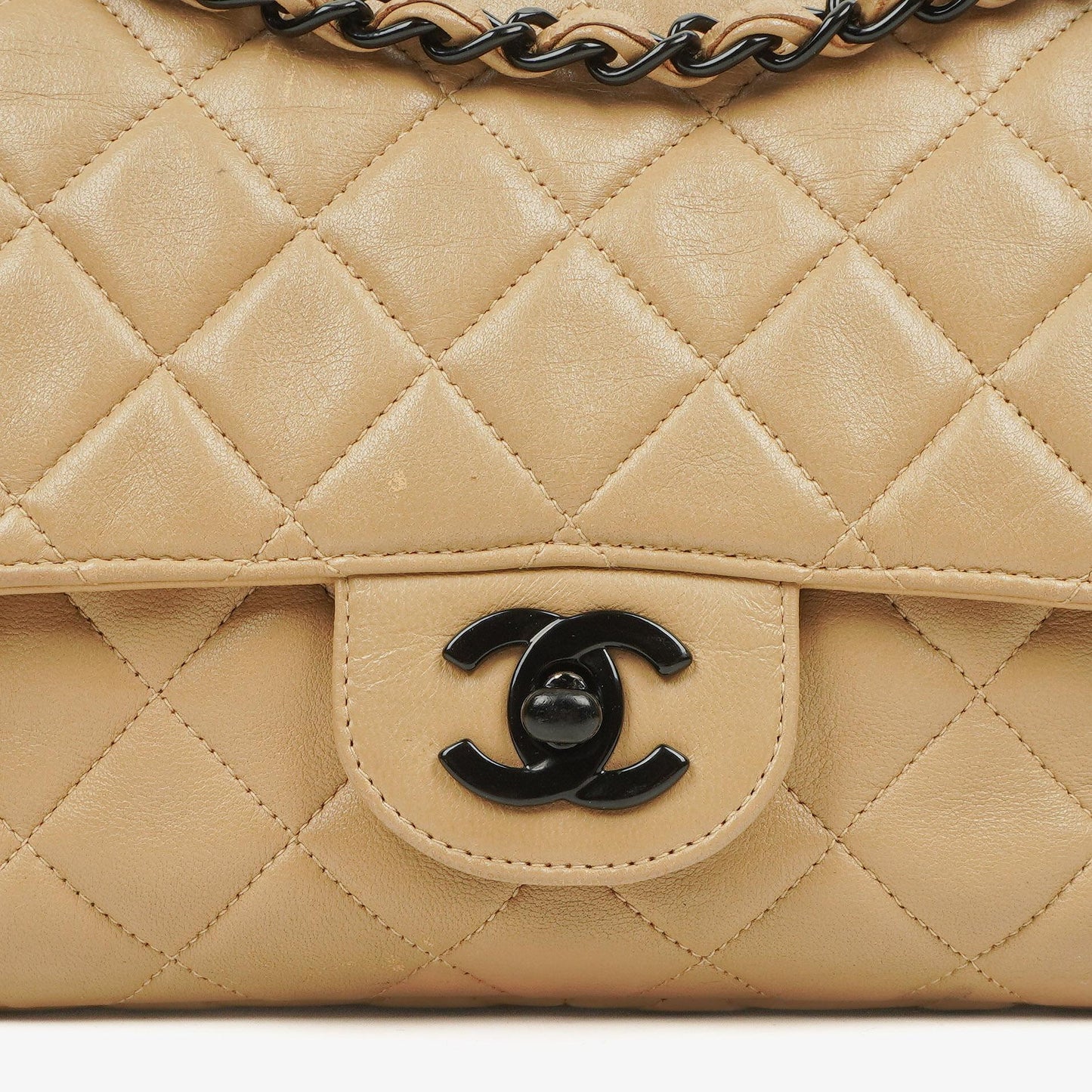 Chanel Single Flap Bag Beige Quilted Lambskin With Black Hardware