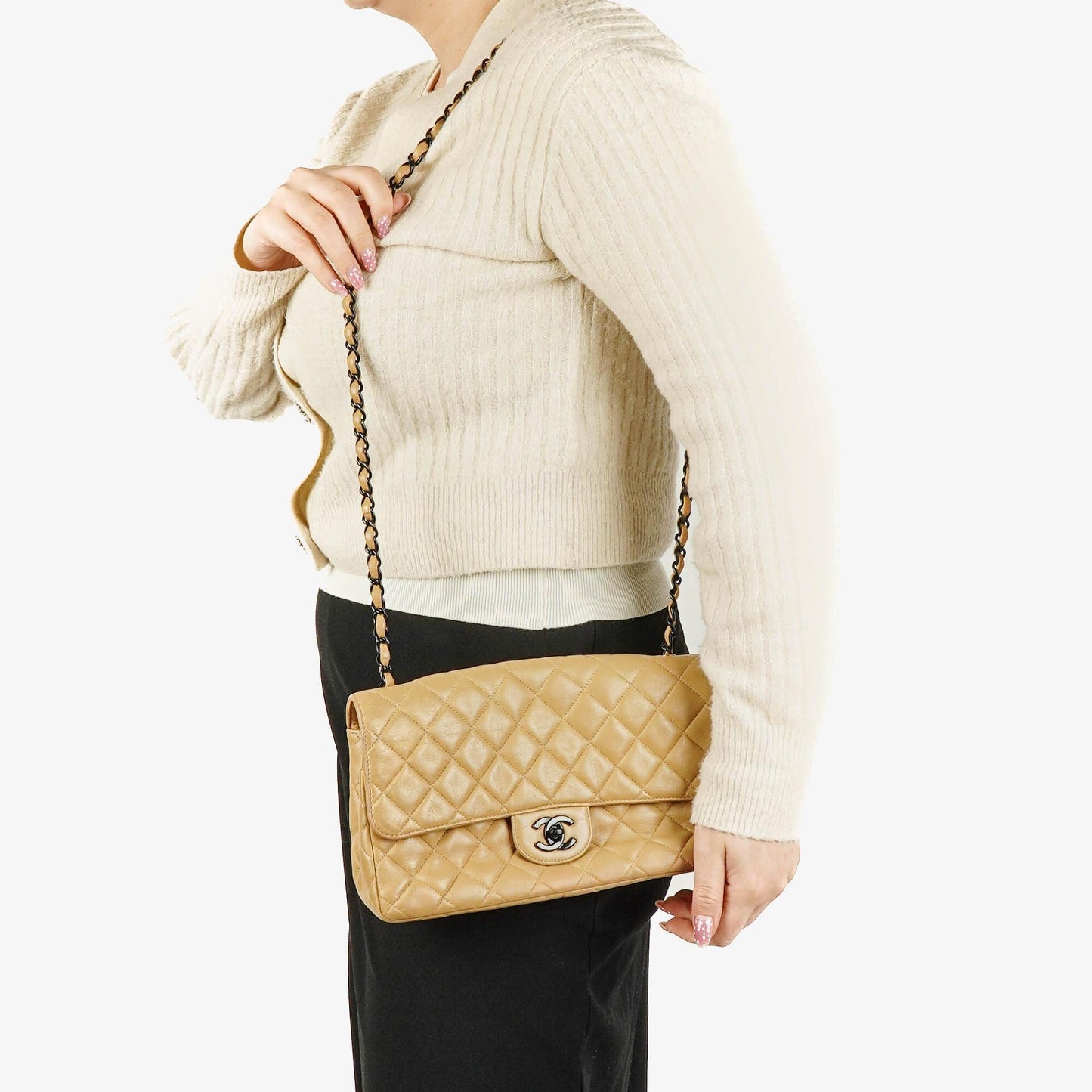 Chanel Single Flap Bag Beige Quilted Lambskin With Black Hardware