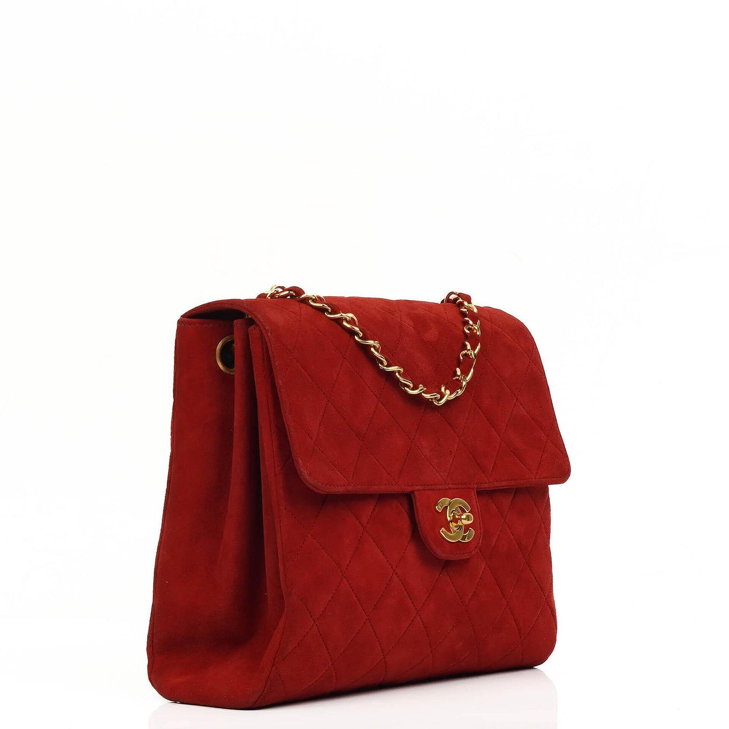 Chanel Single Flap Bag In Red Quilted Suede With 24K Gold-Plated Hardware