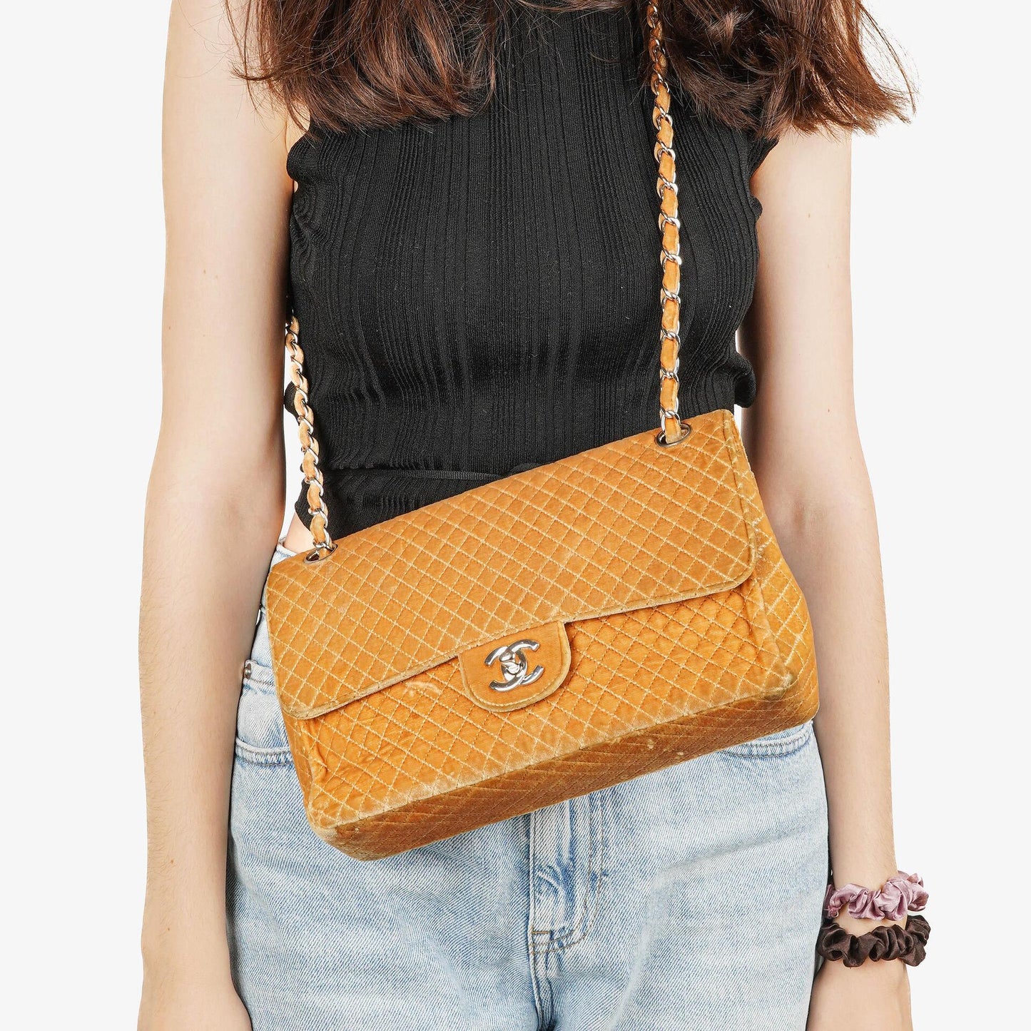 Chanel Single Flap Quilted Velvet Shoulder Bags With Silver-Tone Hardware