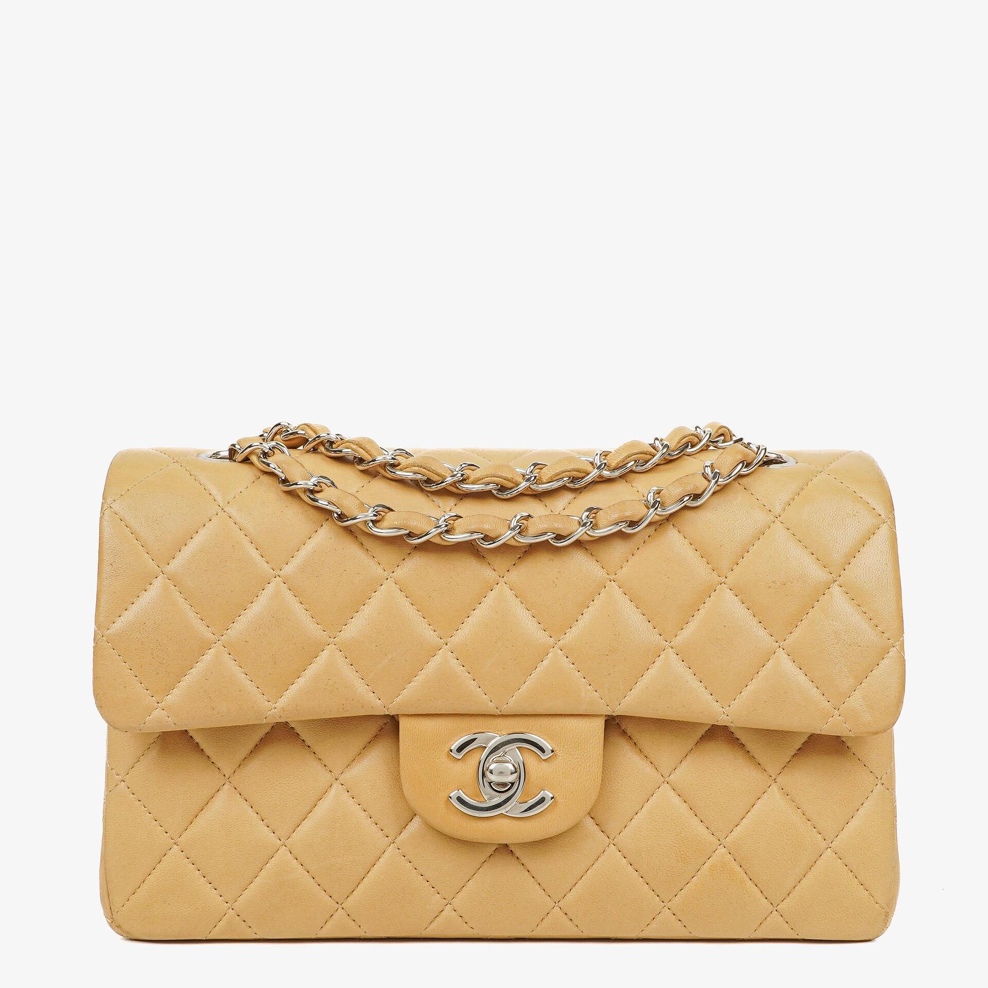 Chanel Small Clasic Double Flap Beige Quilted Lambskin With Silver-tone Hardware