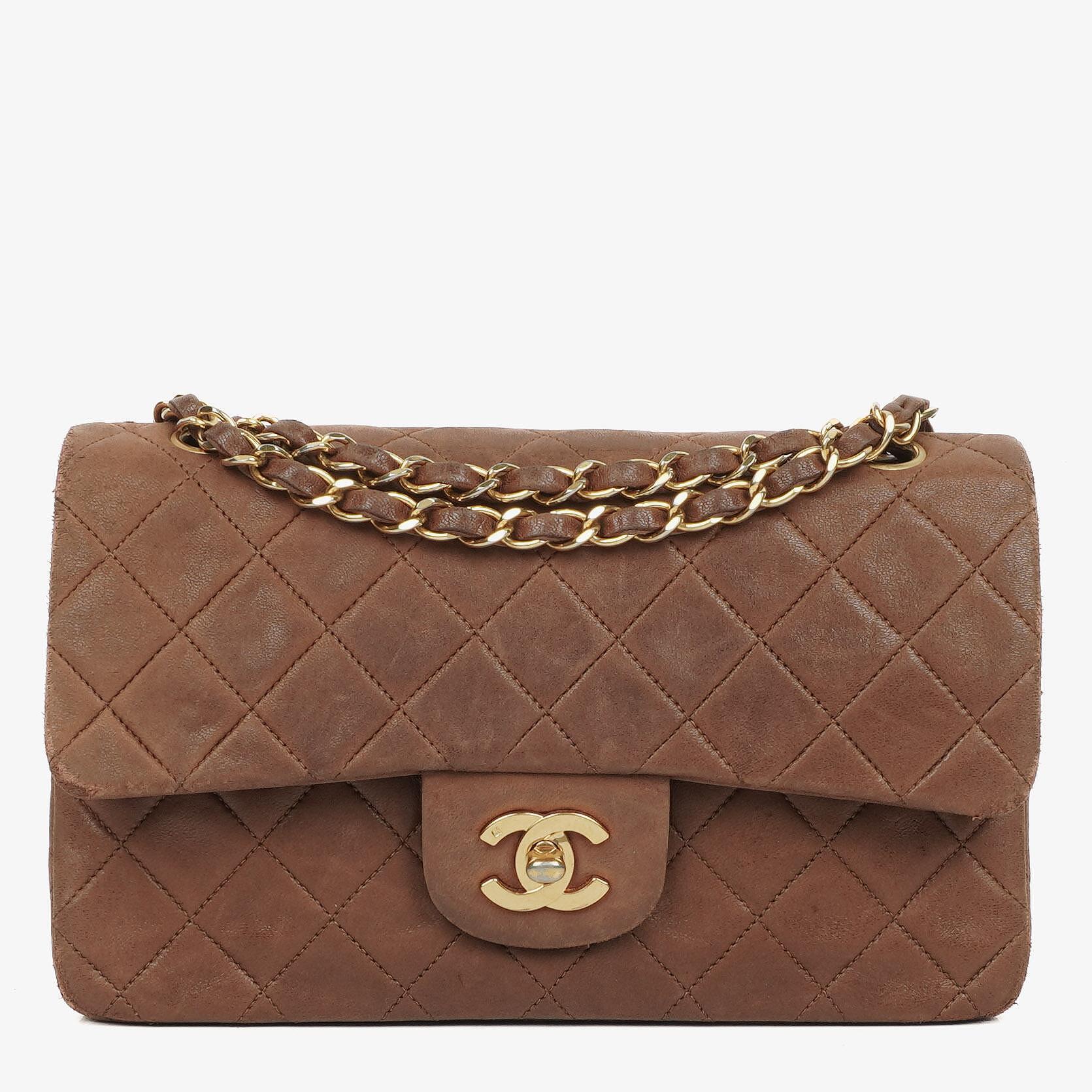 Chanel Small Classic Brown Quilted Lambskin Double Flap Bag With 24K Gold-Plated Hardware