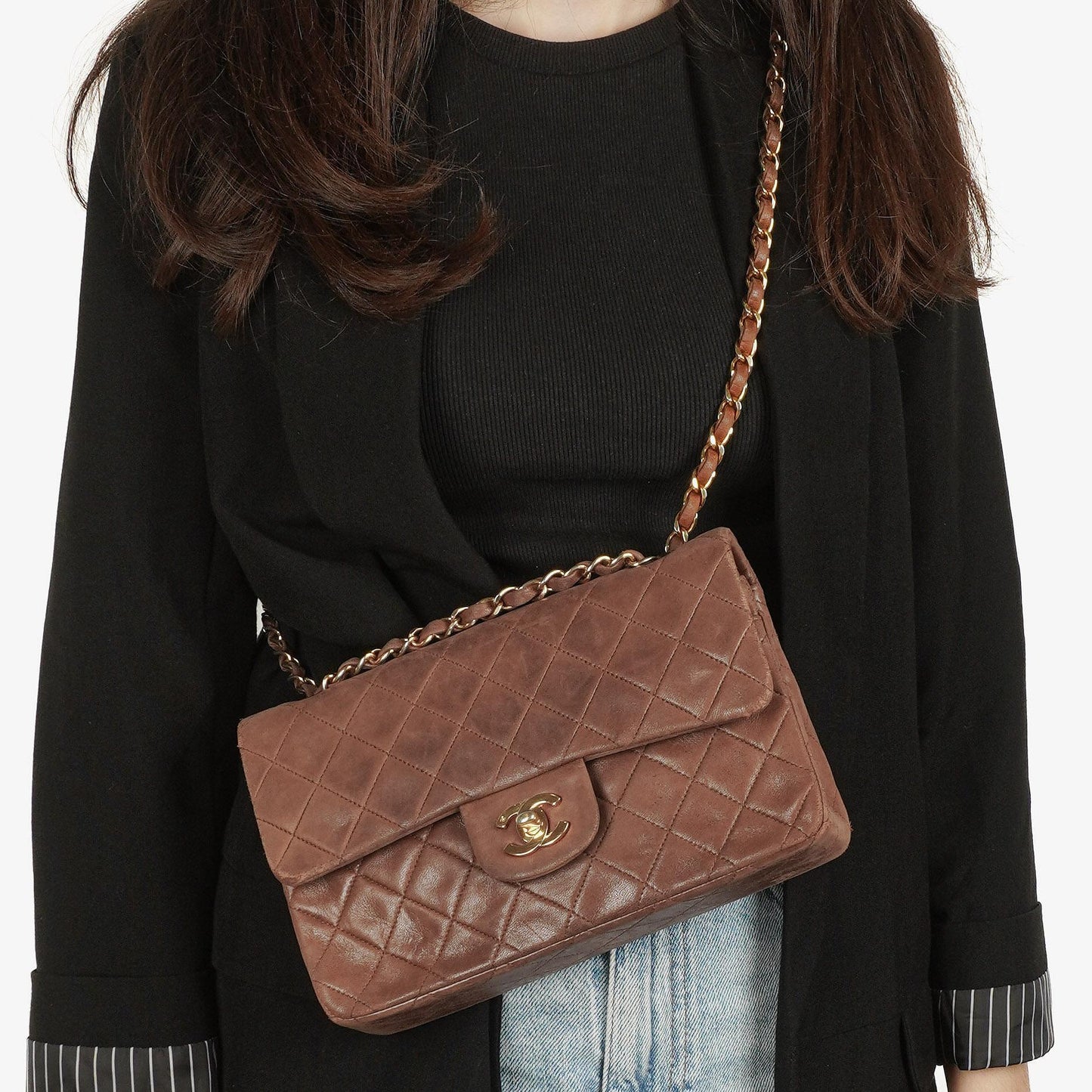 Chanel Small Classic Brown Quilted Lambskin Double Flap Bag With 24K Gold-Plated Hardware
