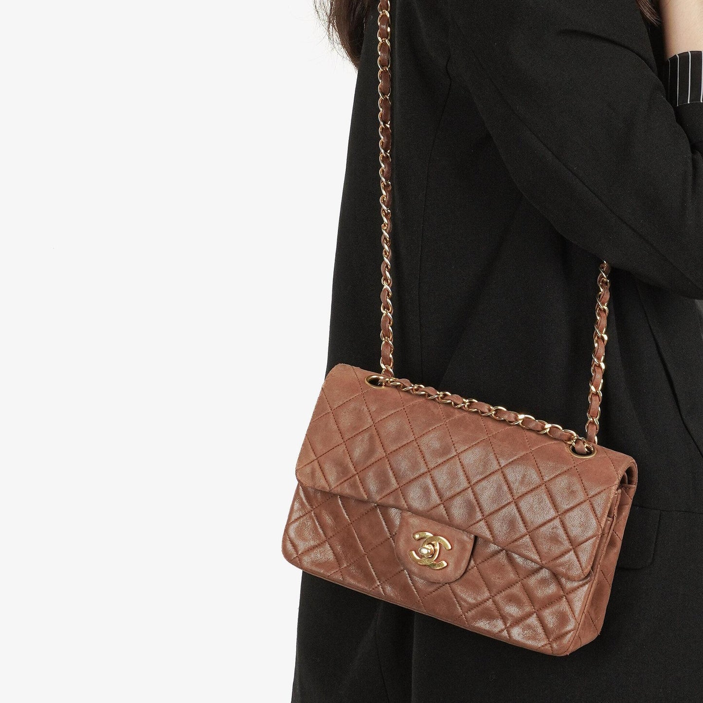 Chanel Small Classic Brown Quilted Lambskin Double Flap Bag With 24K Gold-Plated Hardware