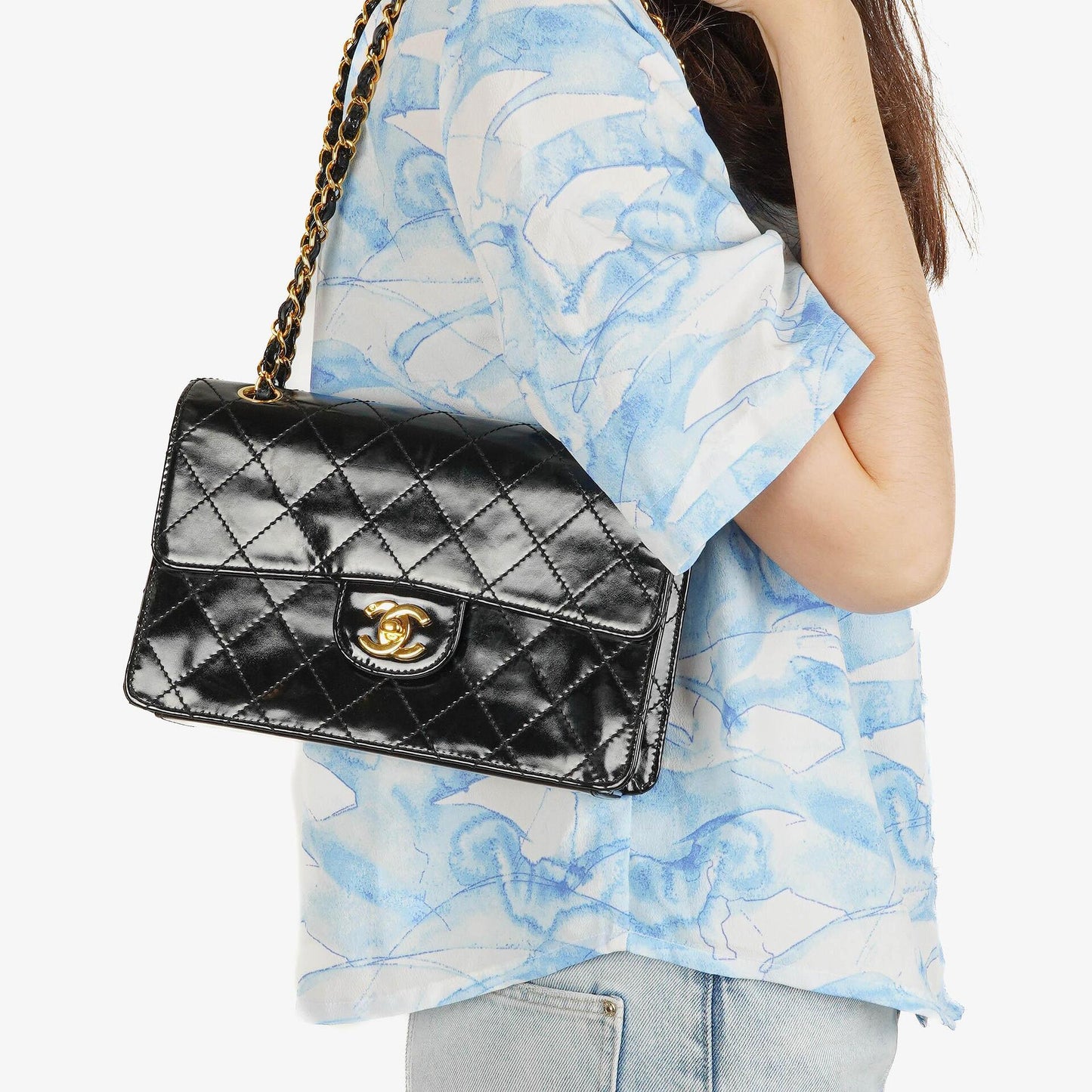 Chanel Small Classic Single Flap Bag Black Patent Quilted Leather With 24K Gold-Plated Hardware