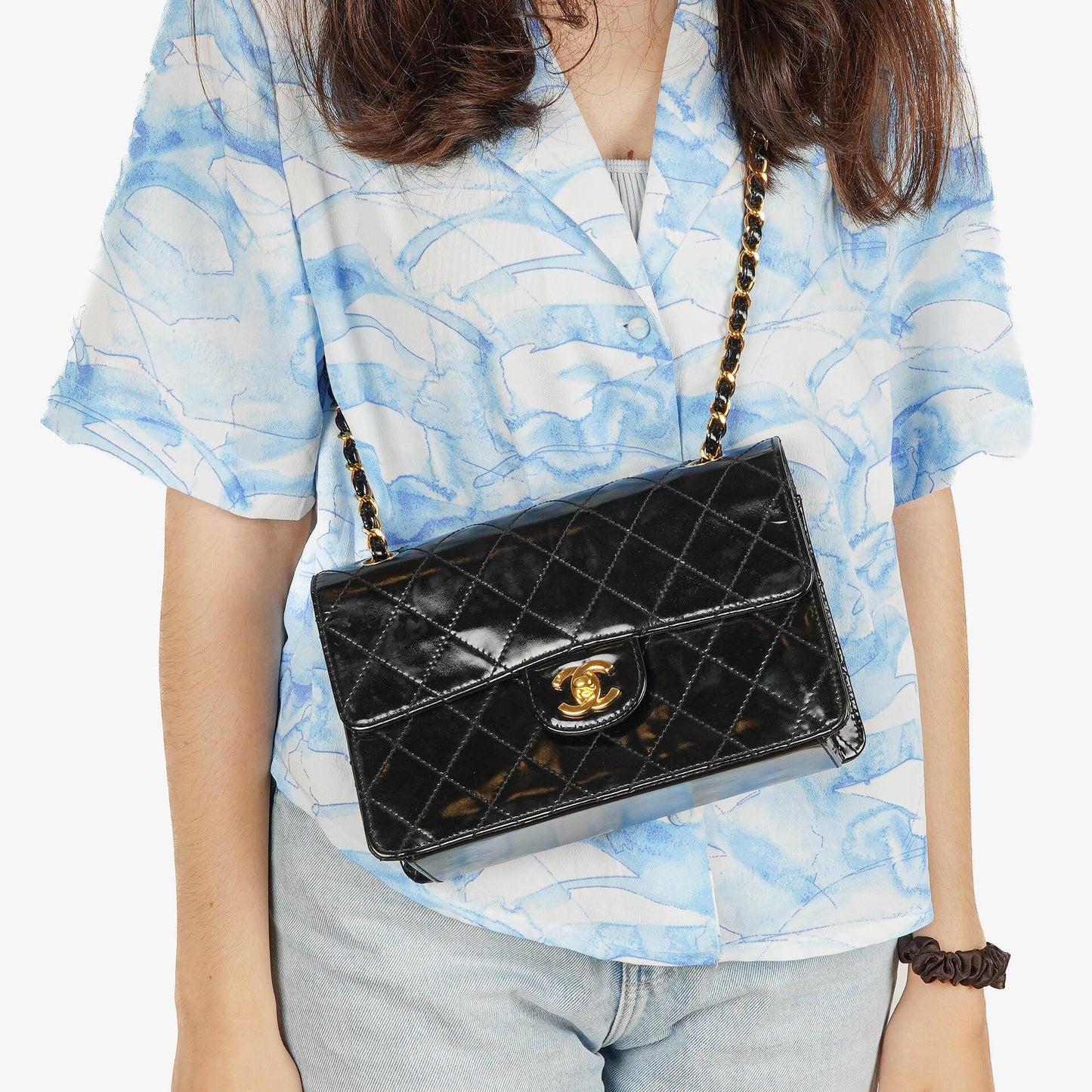 Chanel Small Classic Single Flap Bag Black Patent Quilted Leather With 24K Gold-Plated Hardware