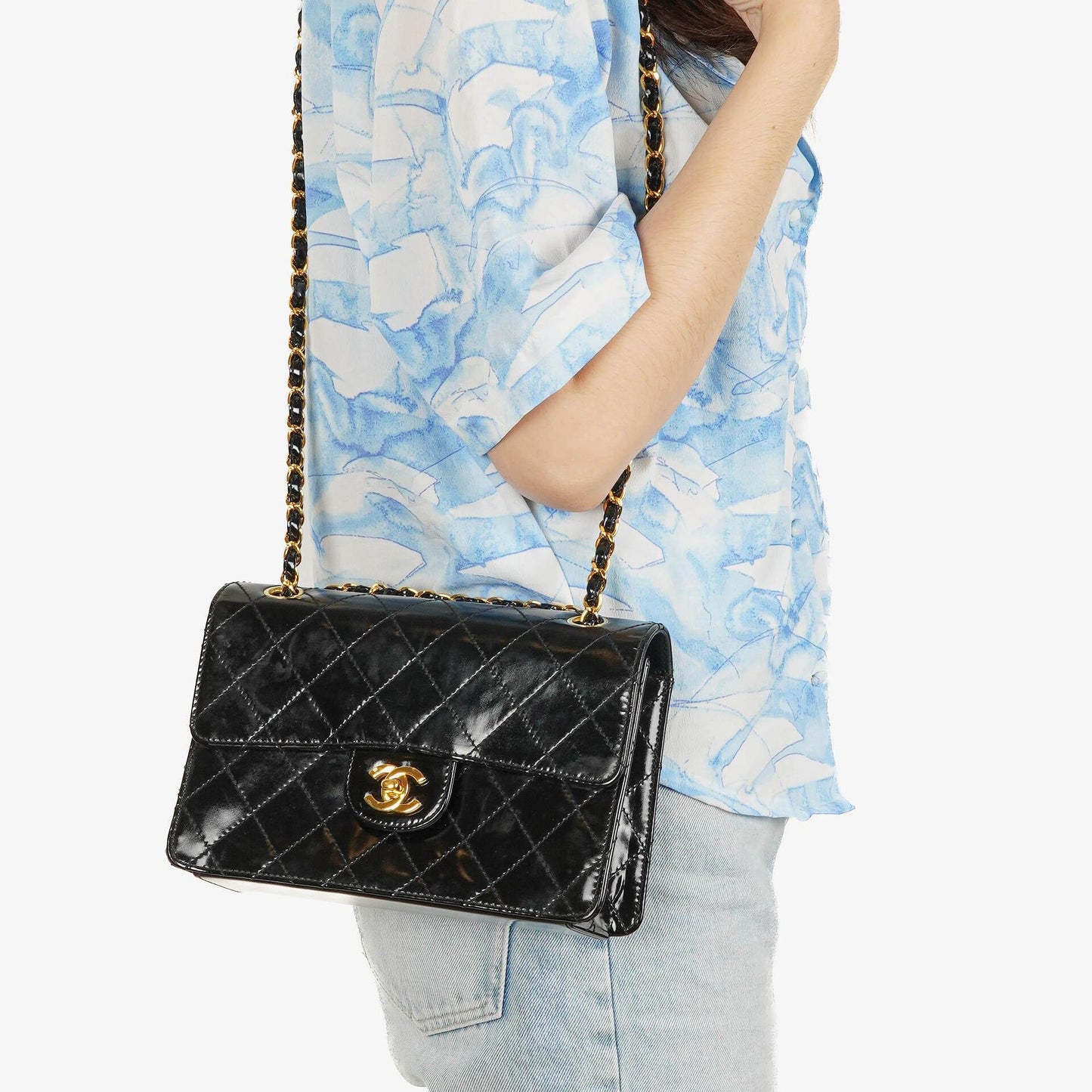 Chanel Small Classic Single Flap Bag Black Patent Quilted Leather With 24K Gold-Plated Hardware