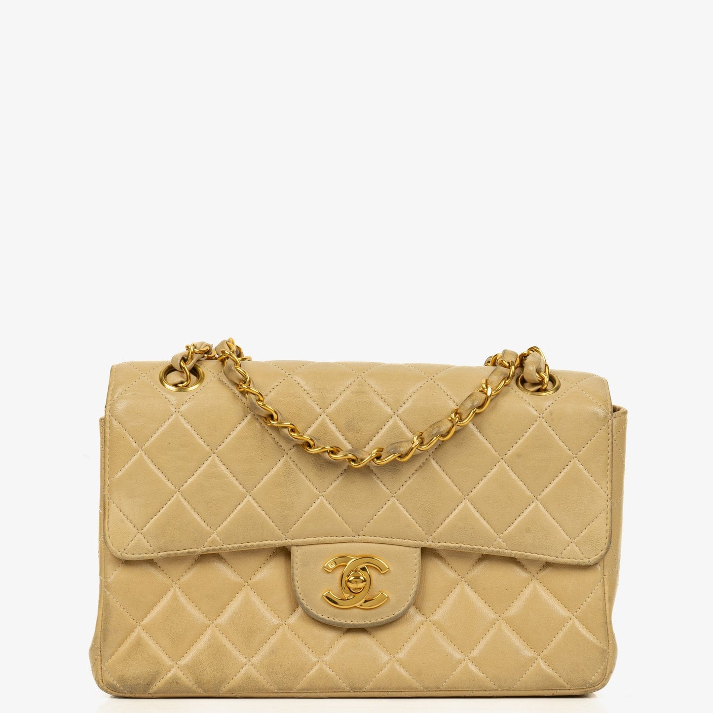 Chanel Small Double Sided Flap Bag Beige Quilted Lambskin 24K Gold-Plated Hardware