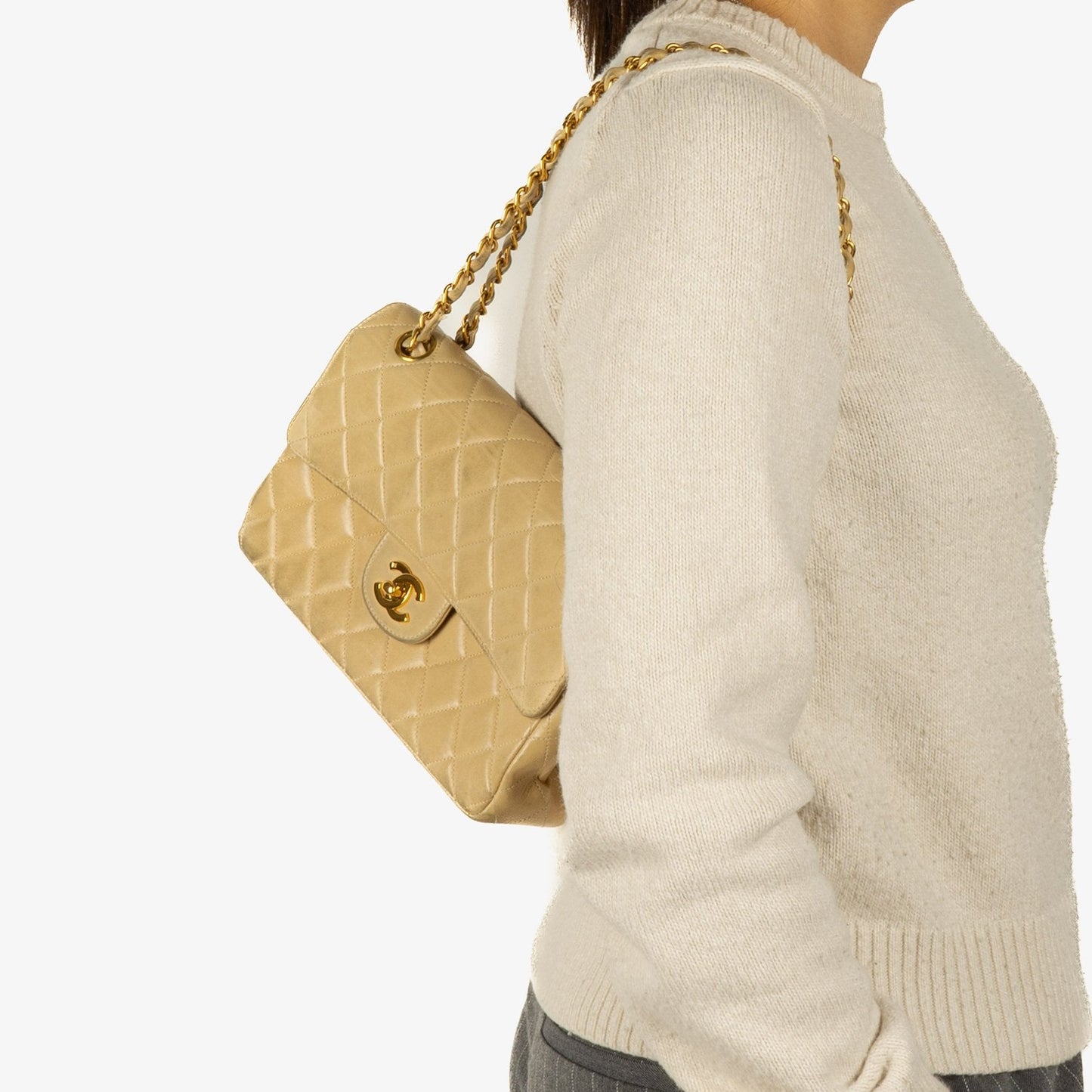 Chanel Small Double Sided Flap Bag Beige Quilted Lambskin 24K Gold-Plated Hardware
