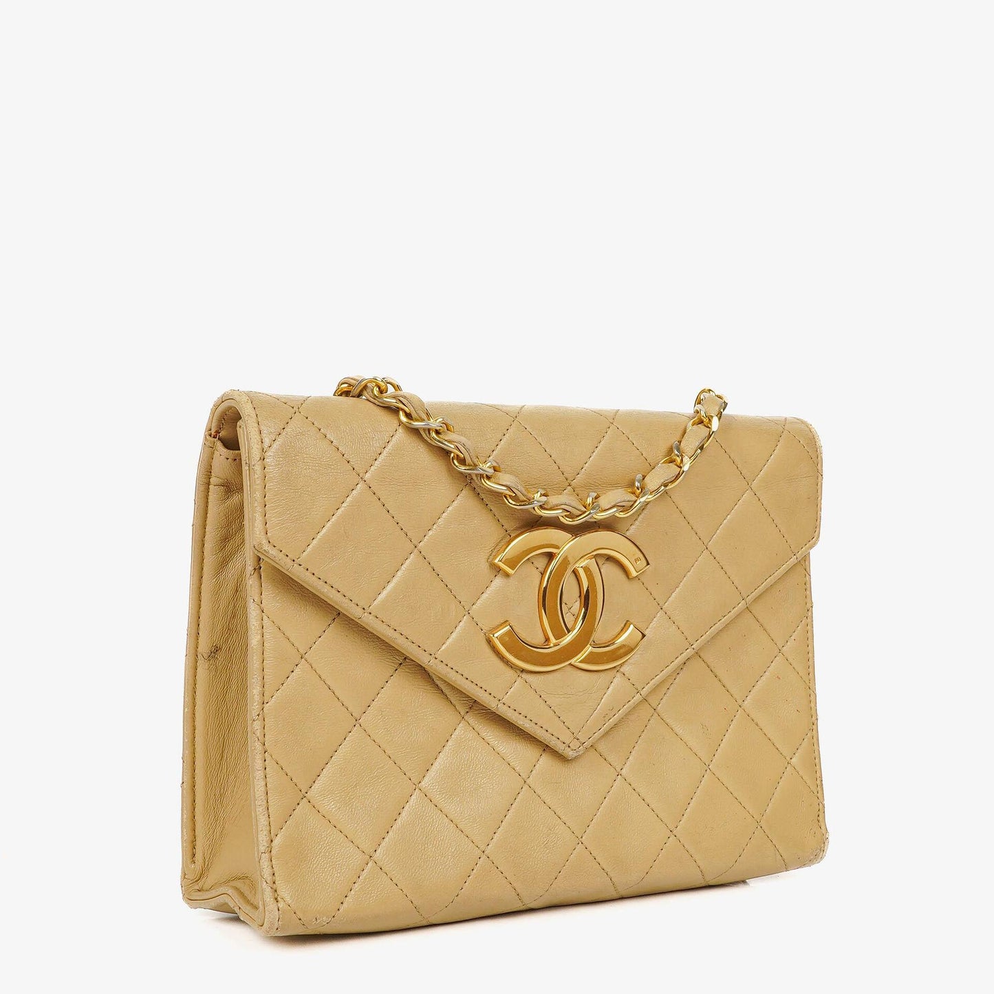 Chanel Small Envelope Maxi CC Logo Flap Bag Beige Quilted Lambskin With 24K Gold-Plated Hardware