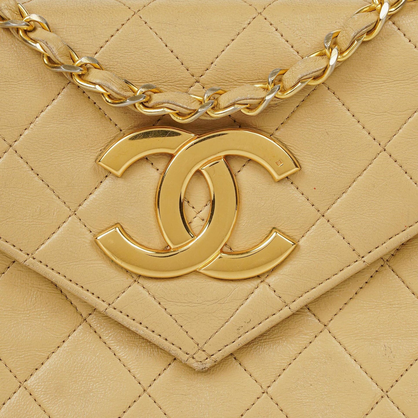 Chanel Small Envelope Maxi CC Logo Flap Bag Beige Quilted Lambskin With 24K Gold-Plated Hardware