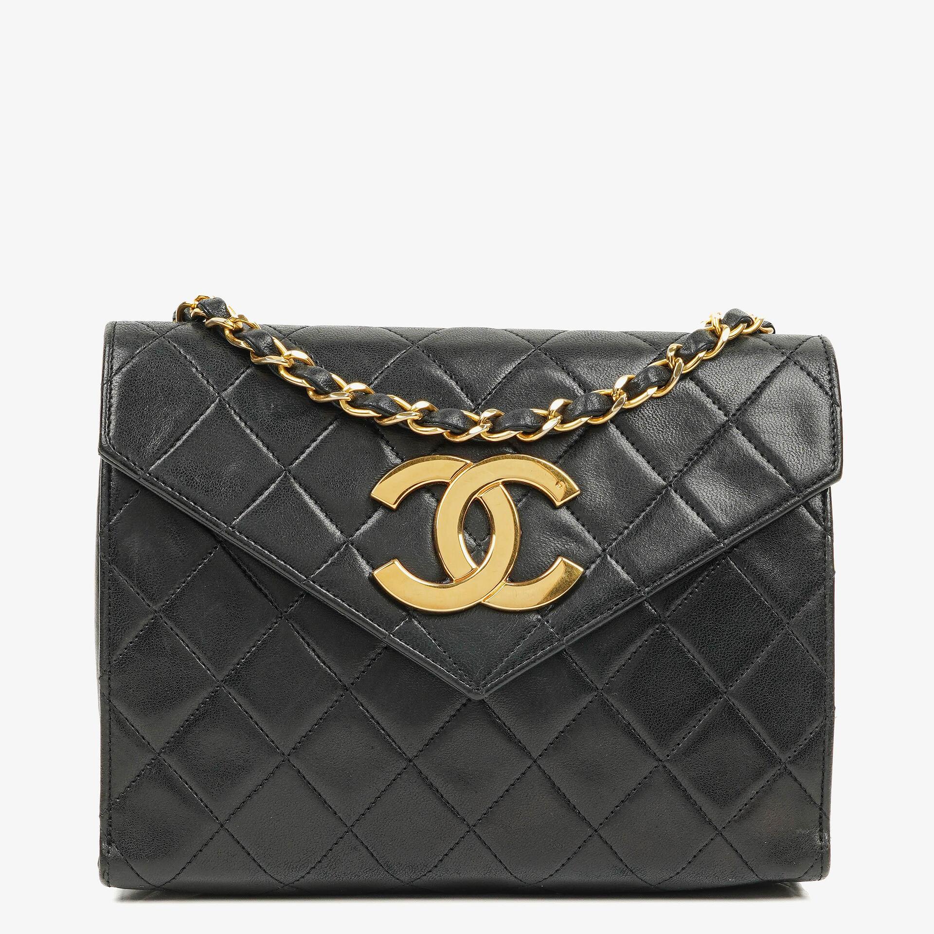 Chanel Small Envelope Maxi CC Logo Flap Bag Black Quilted Lambskin With 24K Gold-Plated Hardware