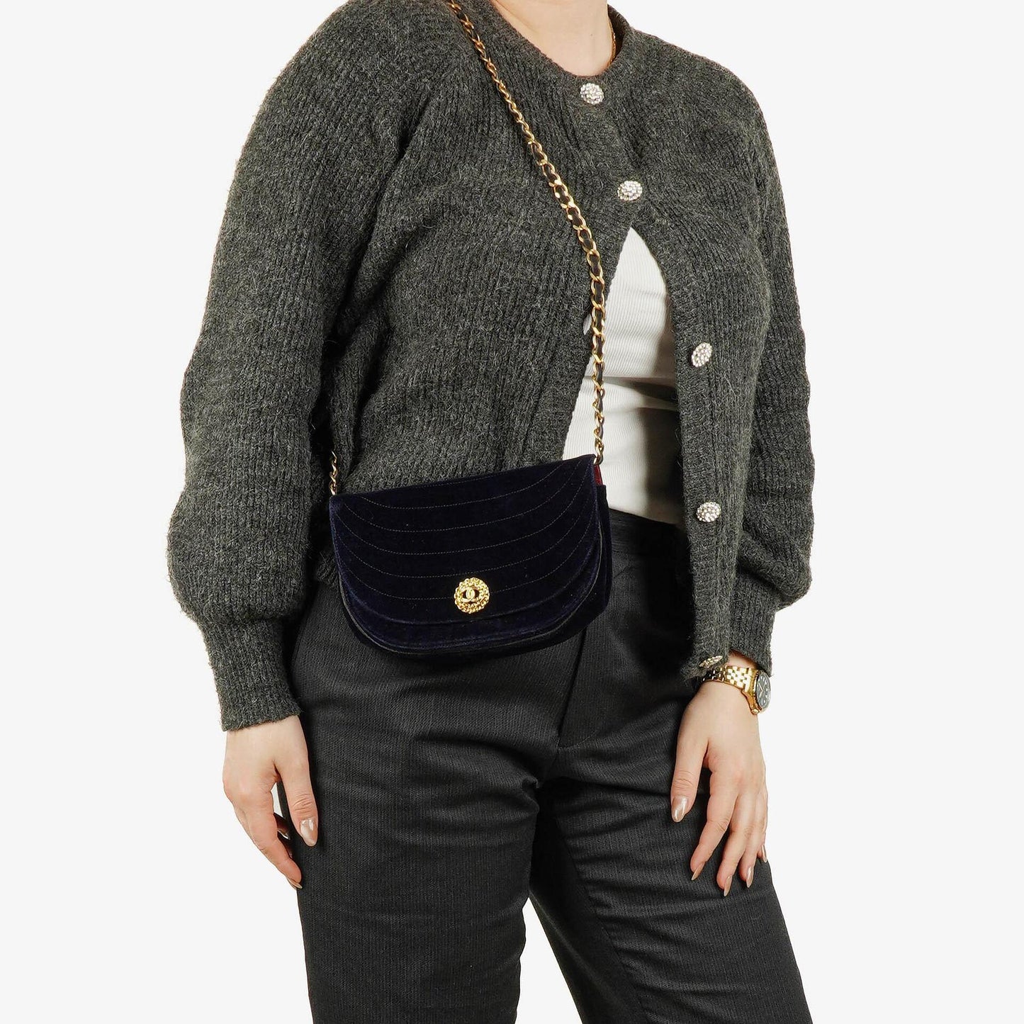 Chanel Small Half-Moon Navy Velvet Flap Bag