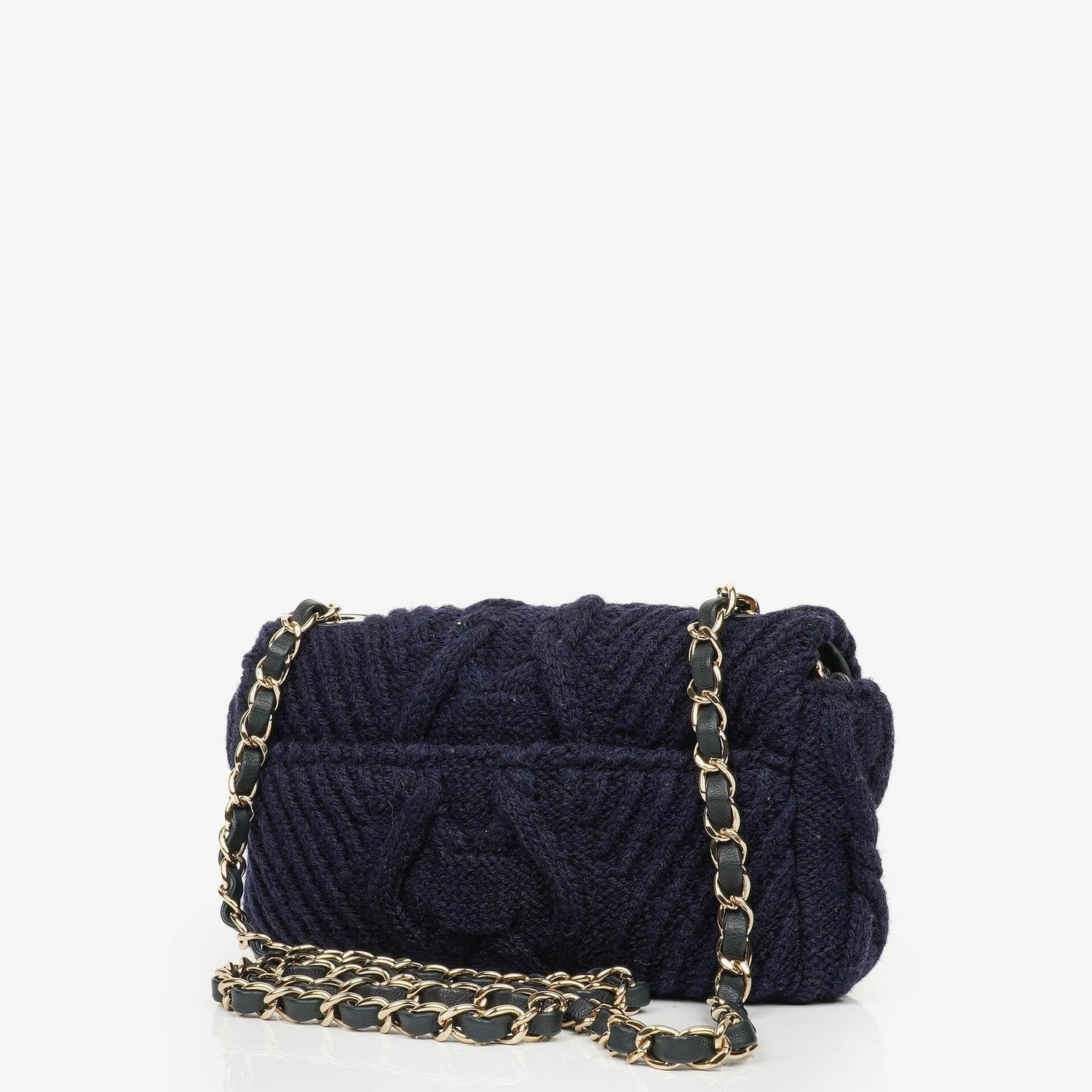 Chanel Small Navy Paris-Hamburg Cable Knit Fabric With Calfskin Flap Bag
